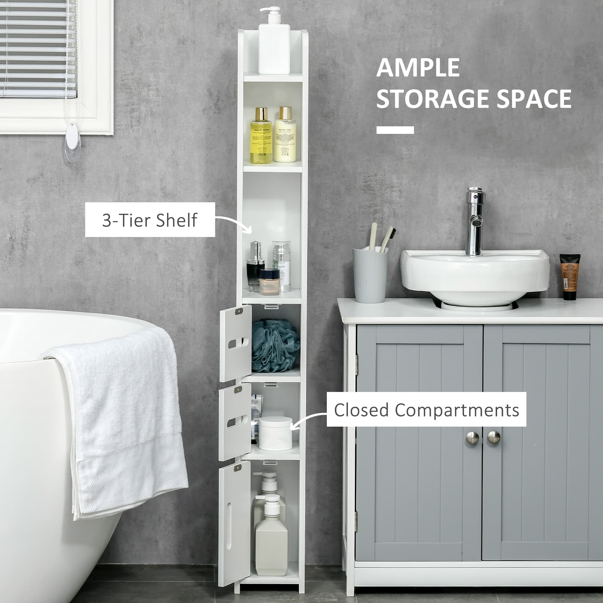 Freestanding Tall Slim White Bathroom Cabinet with Shelves and Drawers - image 5