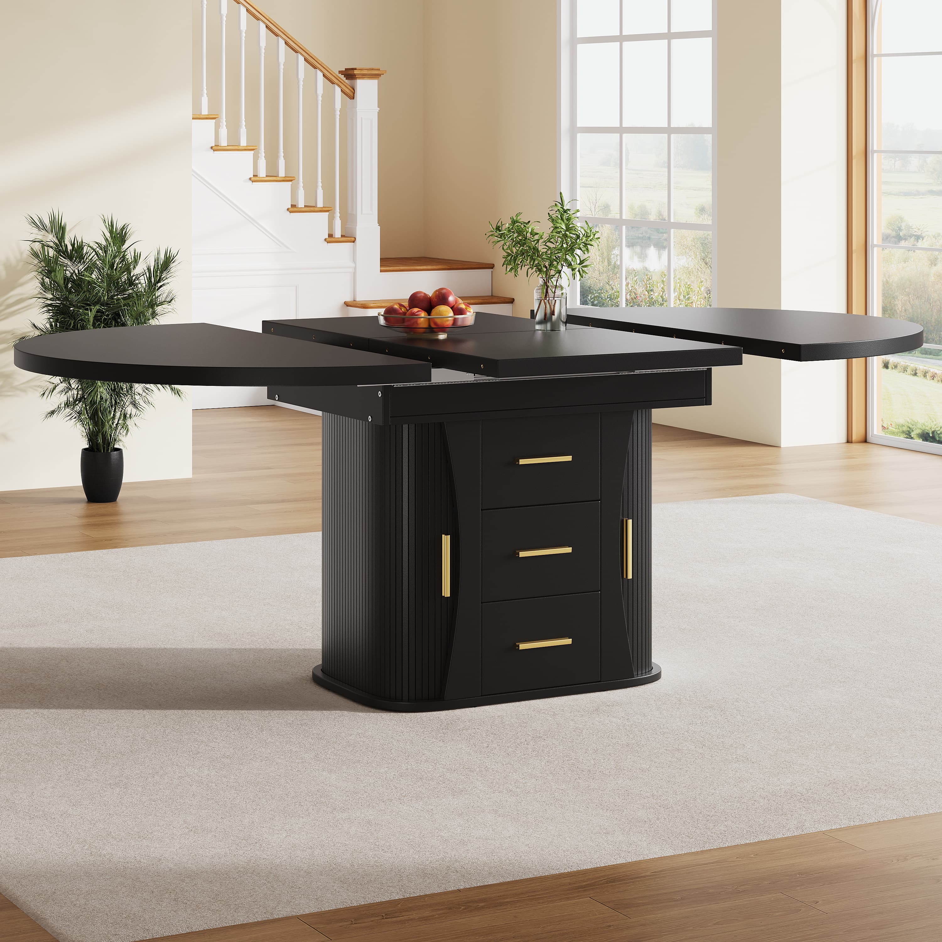 Extendable Round to Oval Black Dining Table for 6 People - image 3