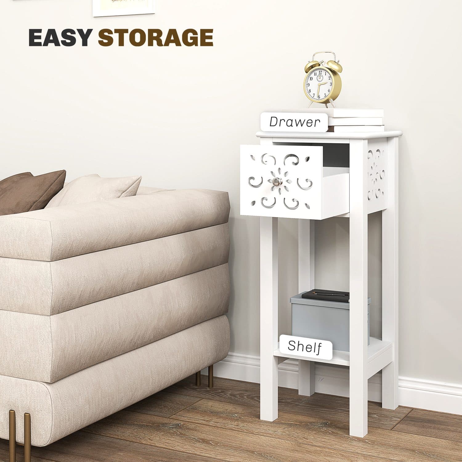 White Floral Side Tables with Drawer Storage - image 5
