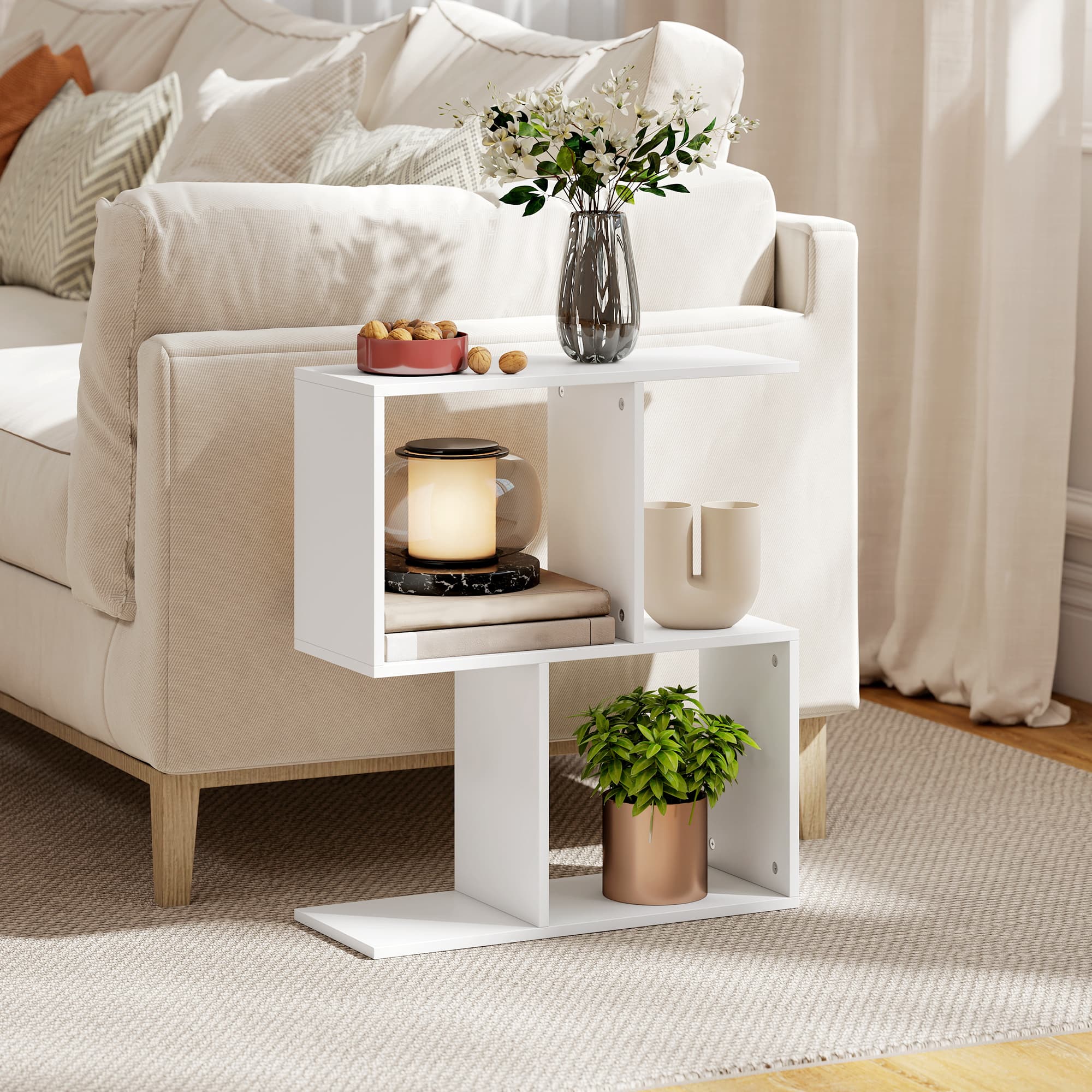 White S-Shaped Side Table with 3 Open Tiers, 50cm Wide - image 2