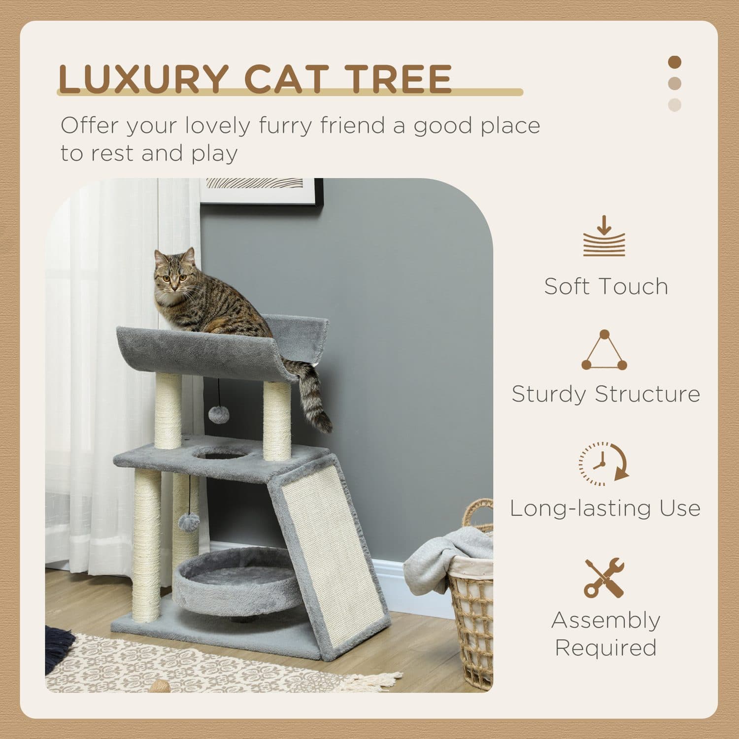 Light Grey Cat Tree with Sisal Scratching Posts, Top Perch and Round Bed - image 2