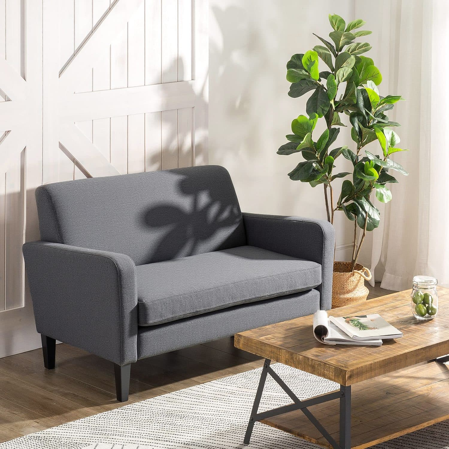 Compact Dark Grey Two-Seater Sofa with Wooden Legs - image 1