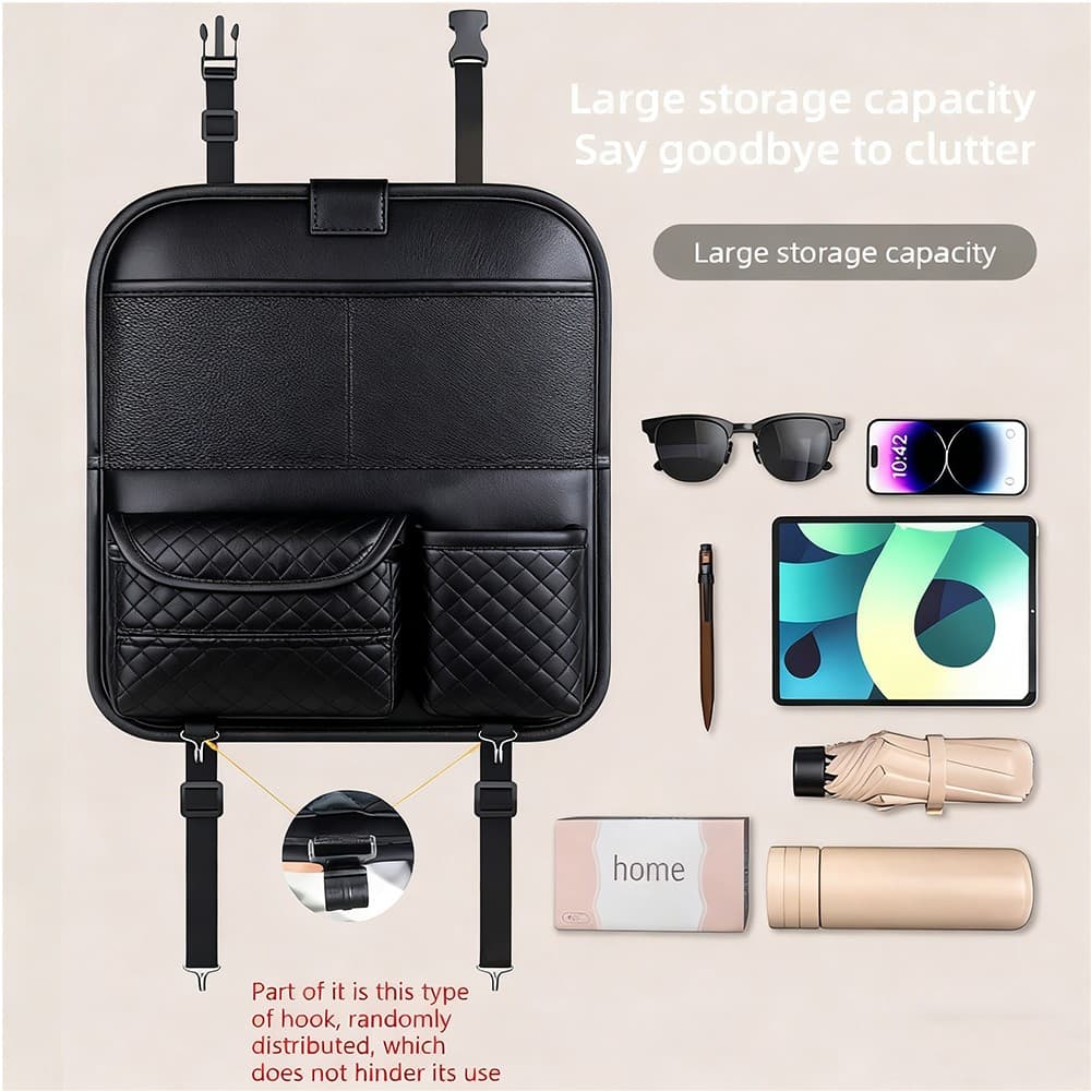Black leather car back seat organiser with folding tray - image 5