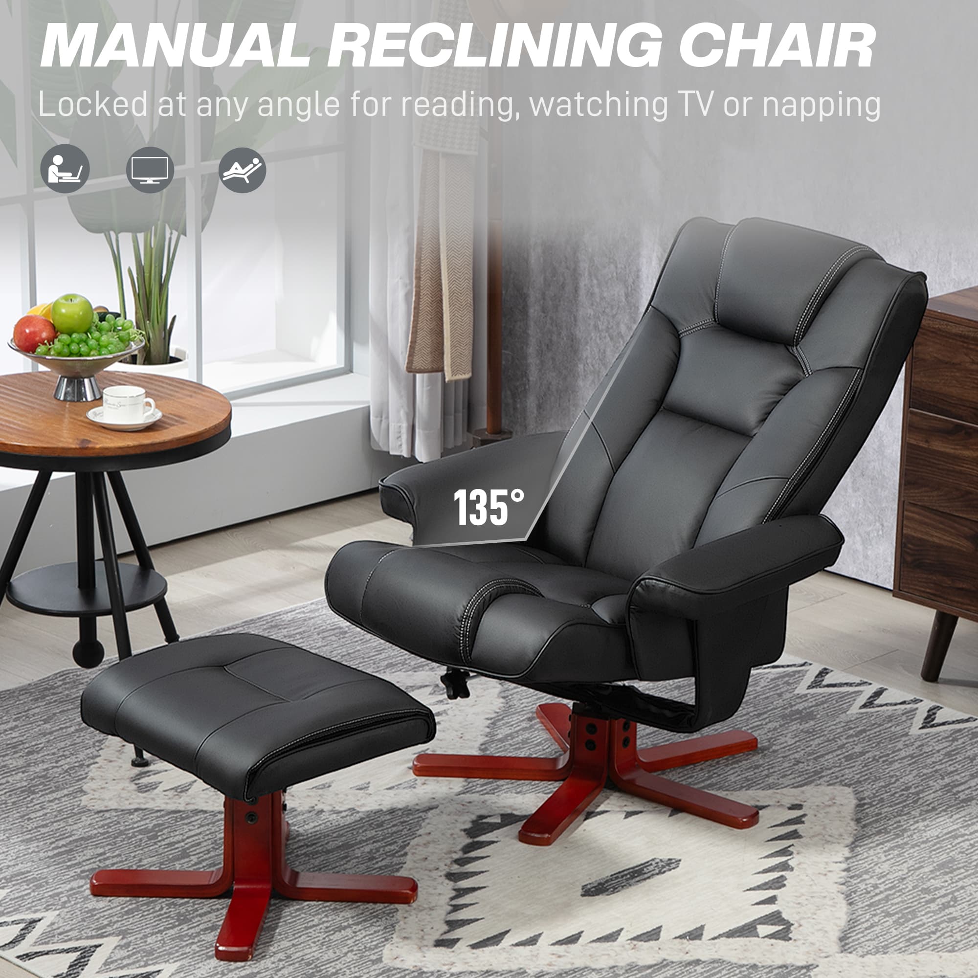 Manual Recliner Chair and Footstool in Black Faux Leather - image 3