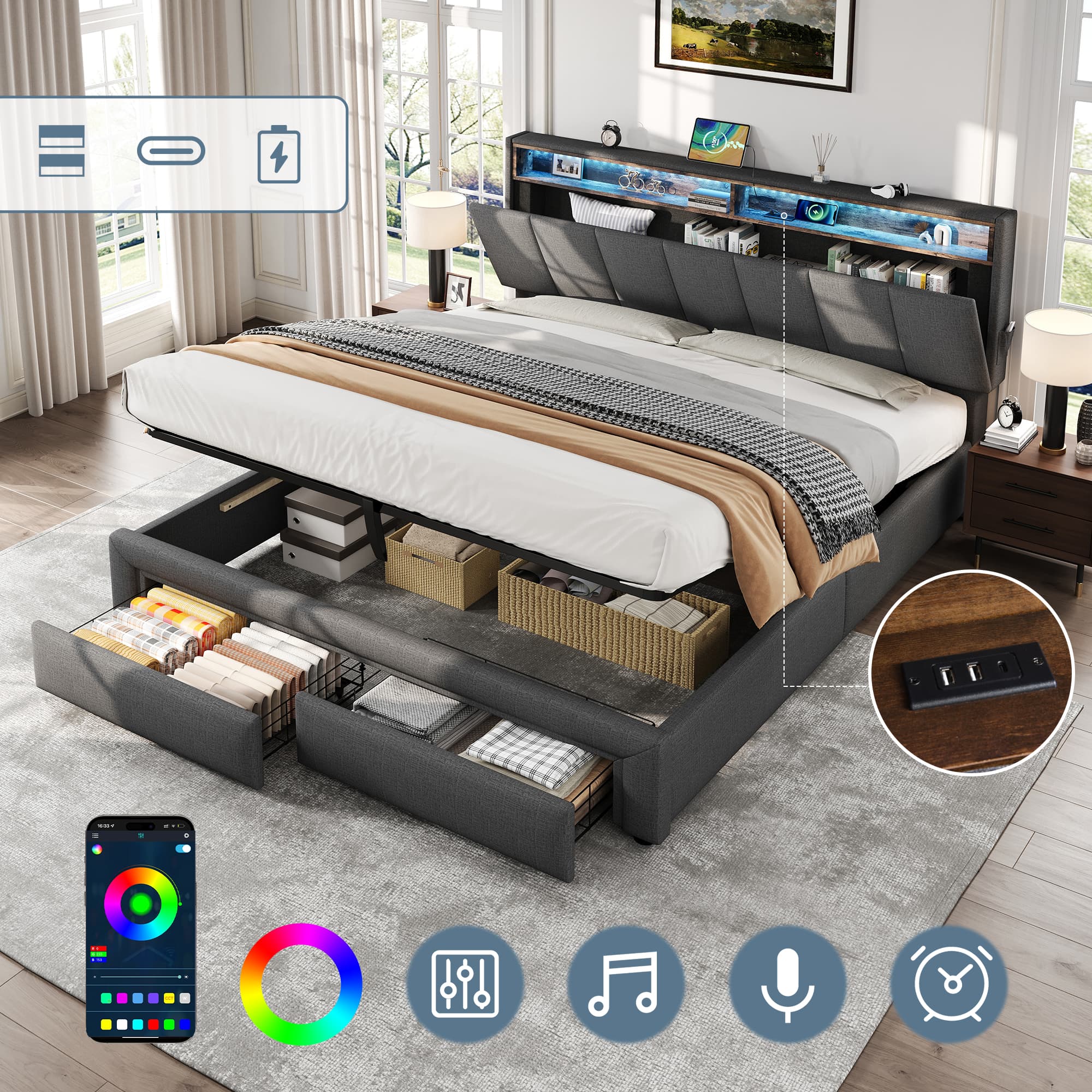 Grey Linen King Ottoman Bed
