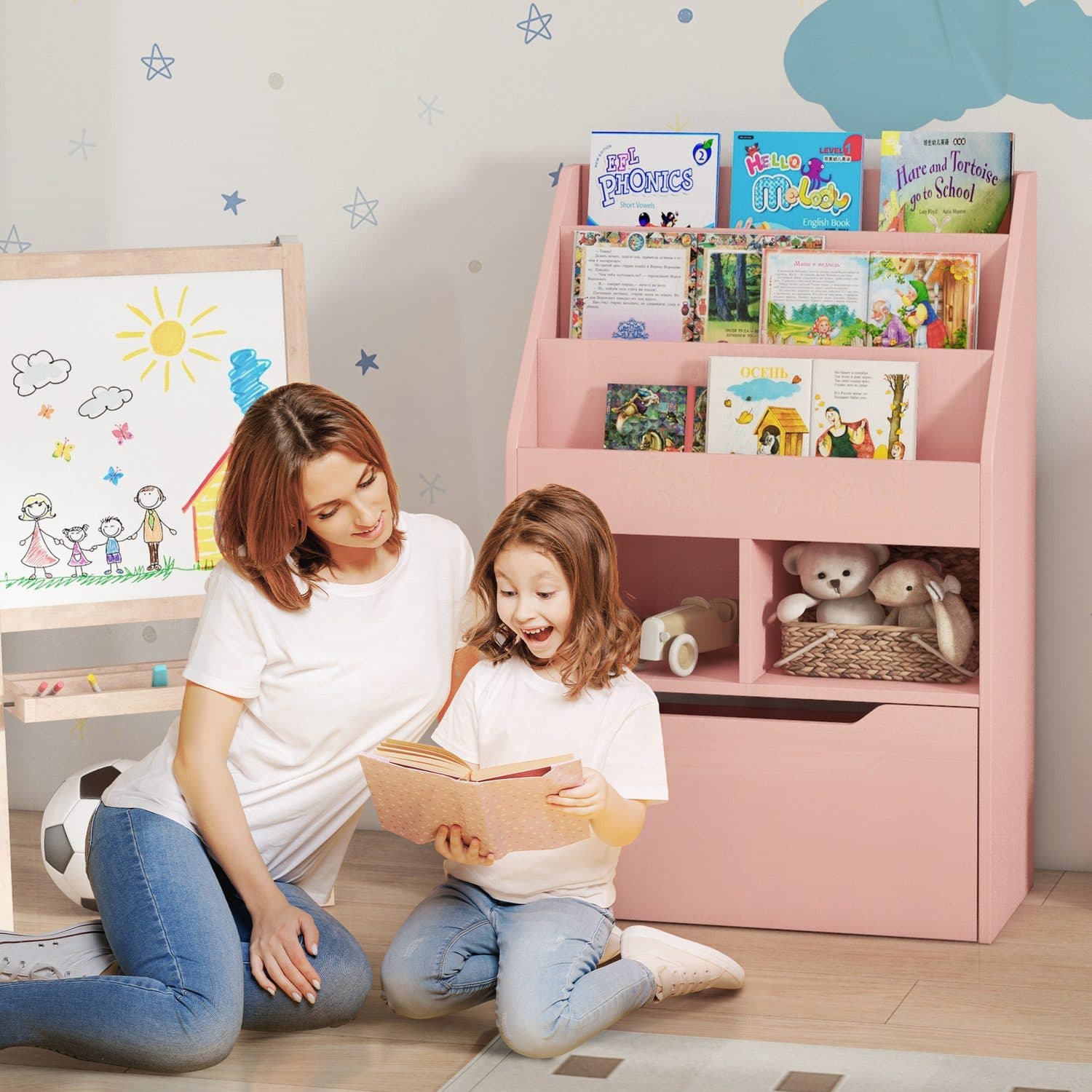 Pink Kids Bookshelf with Toy Organiser and Storage Drawer - image 1