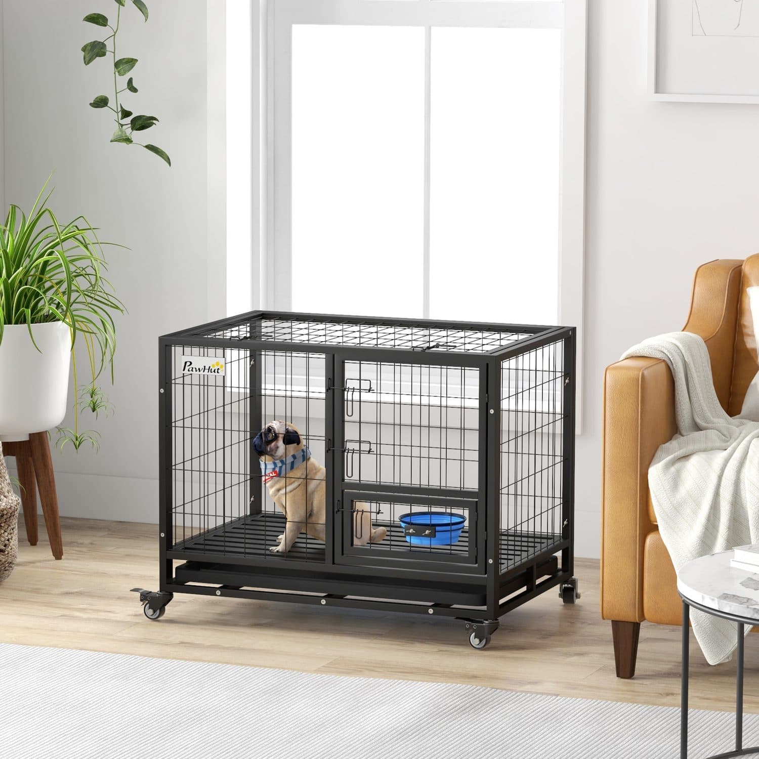Heavy-Duty Dog Crate on Wheels with Feeding Bowl - image 3
