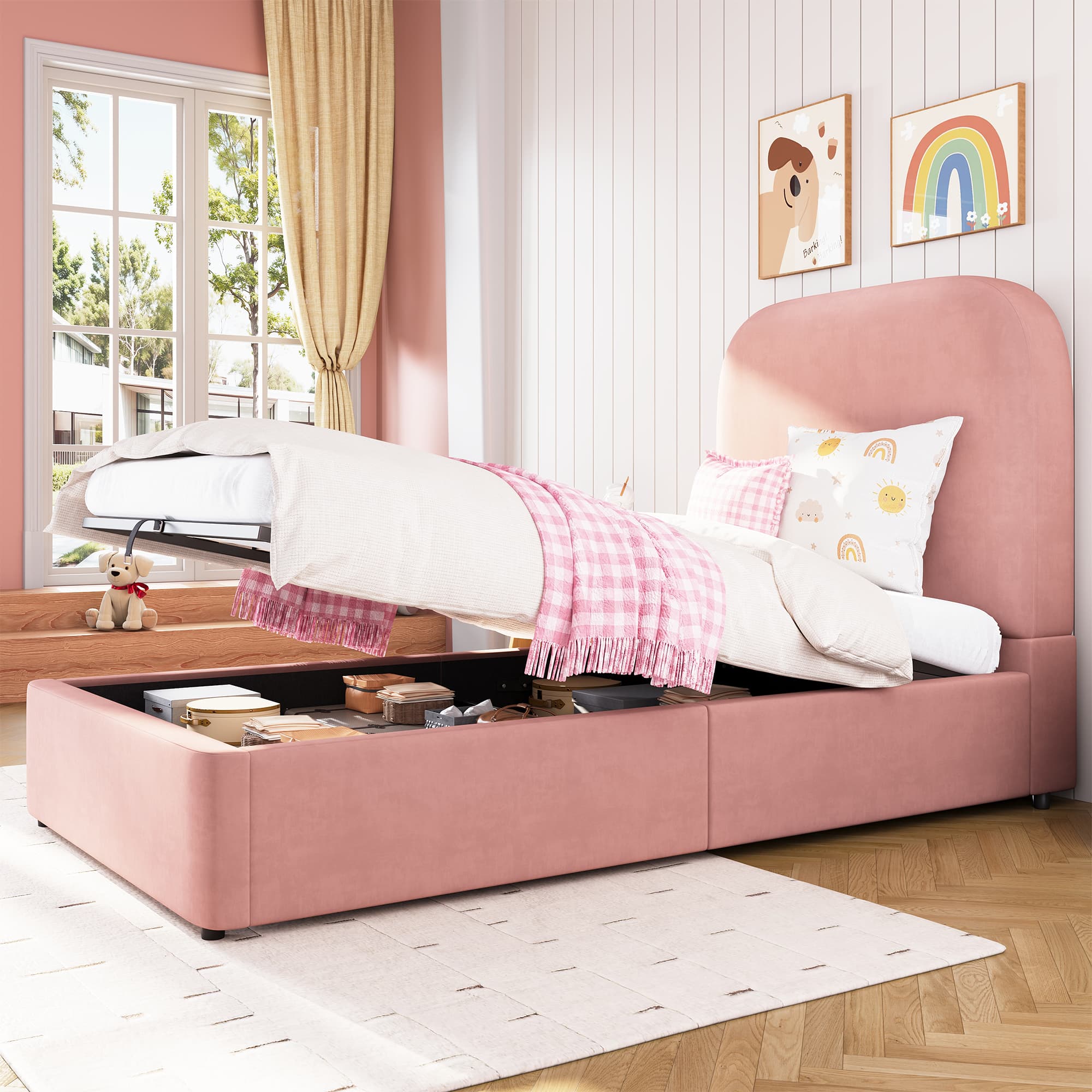 Pink Velvet Storage Bed