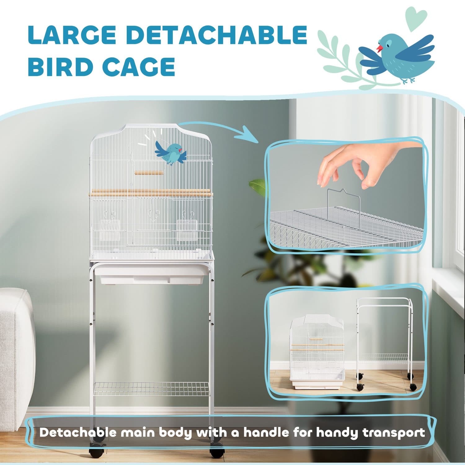 A Spacious Bird Cage on Wheels with Wooden Perches - image 3