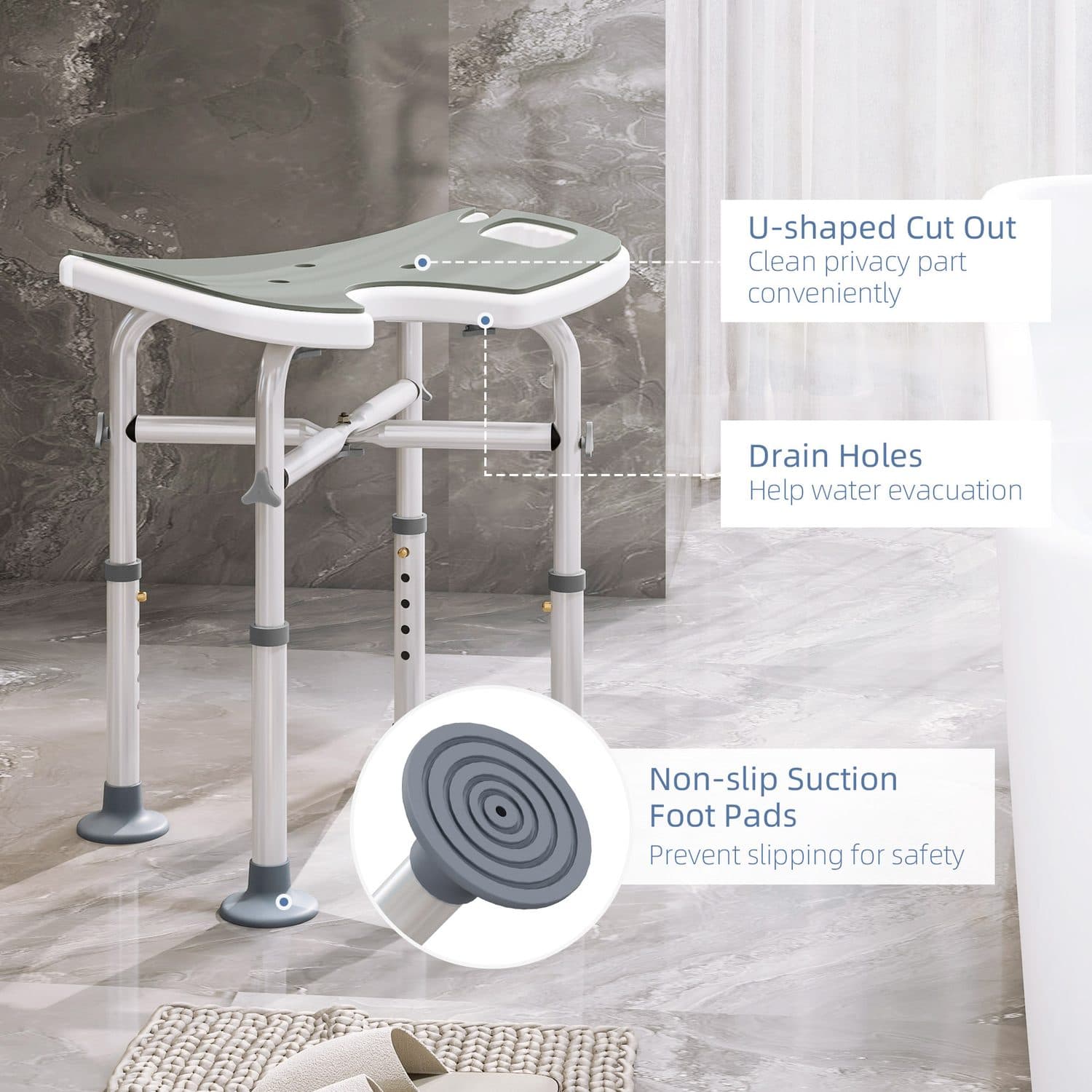 Adjustable Shower Stool With U-Shaped Seat and Grab Bar Included - image 1