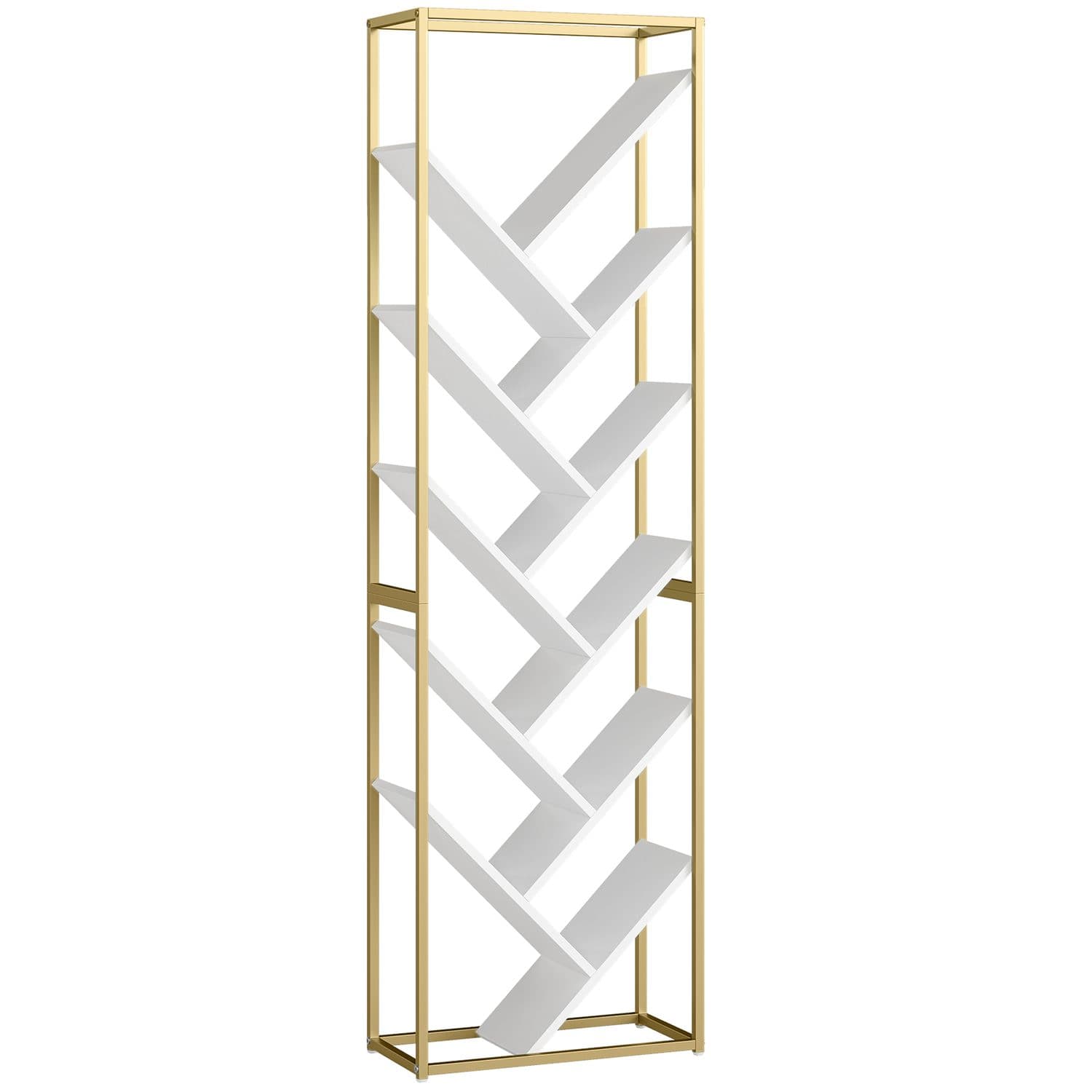 Space-Saving 10-Tier Tree Bookshelf in White and Gold - White and Gold Tone