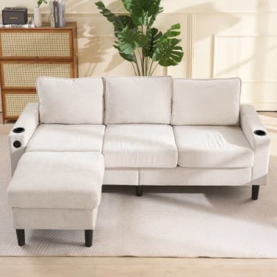 Beige L-Shaped Sofa with Built-In USB & Cup Holders - image 5
