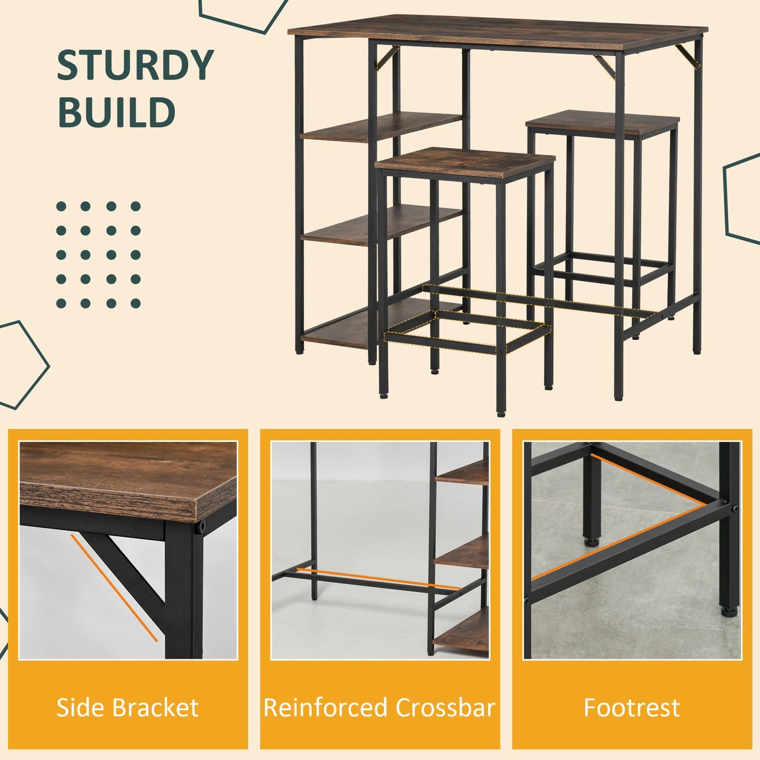 Space-Saving Industrial Bar Table Set with Two Stools - image 1