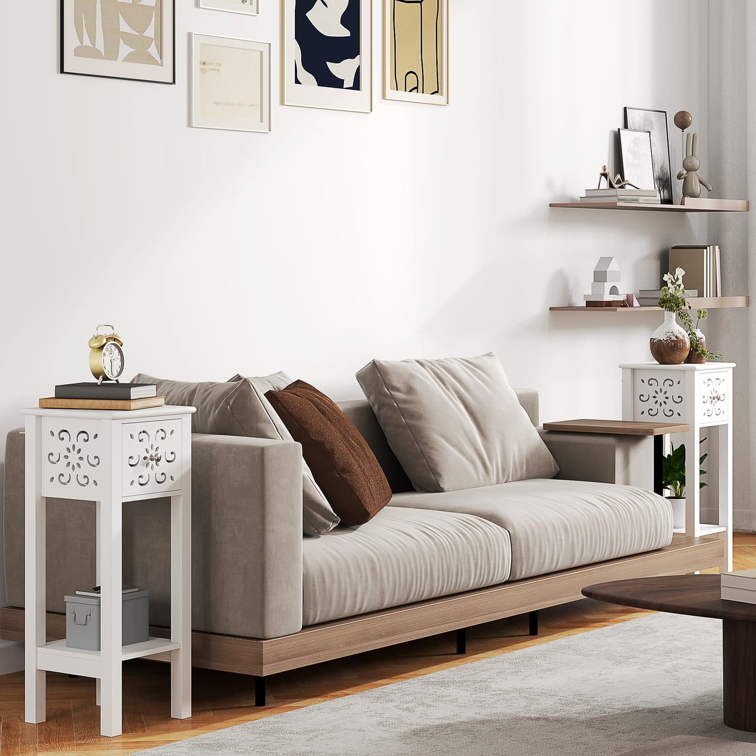 White Floral Side Tables with Drawer Storage - image 3