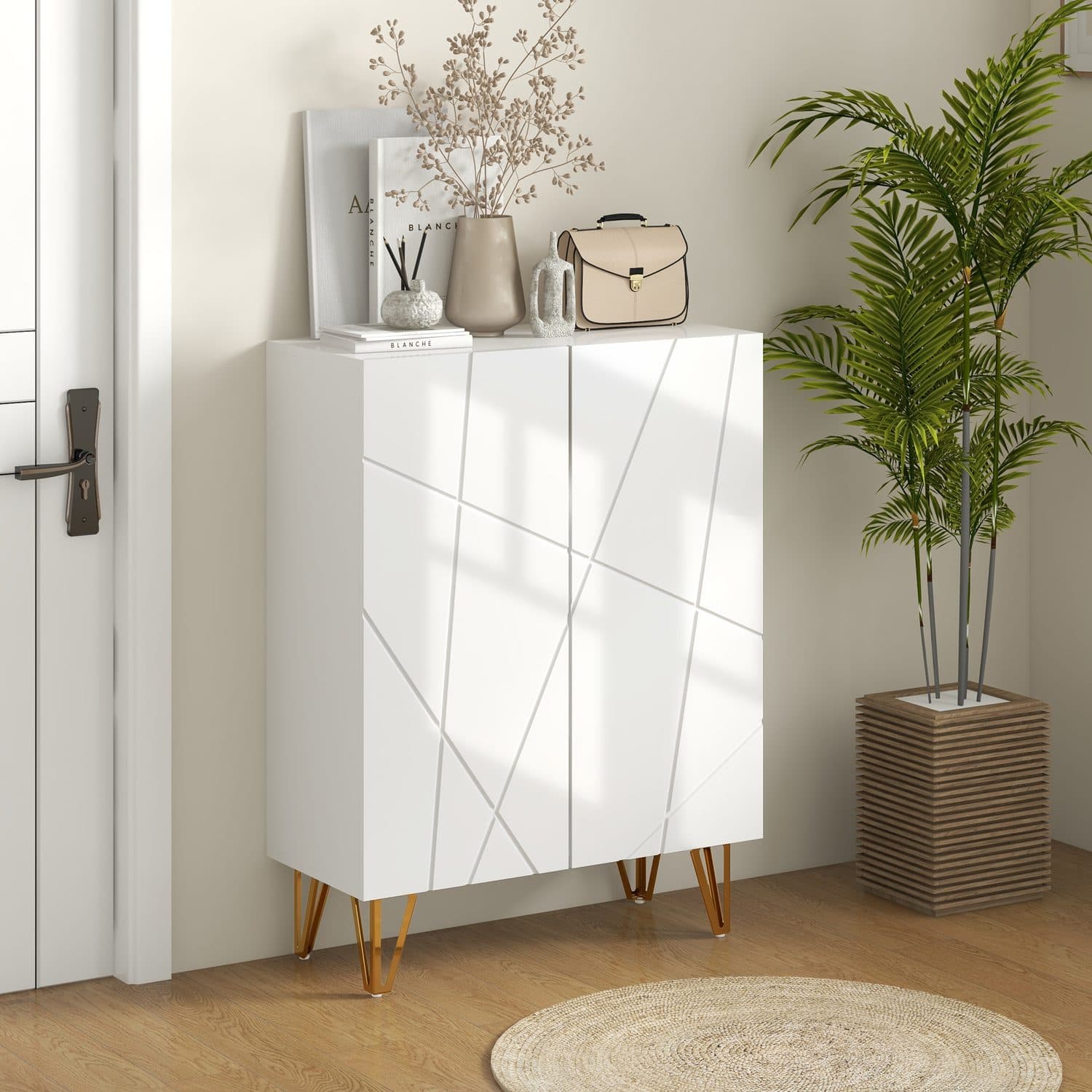 White Shoe Storage Cabinet with Geometric Doors and Gold Hairpin Legs - image 2