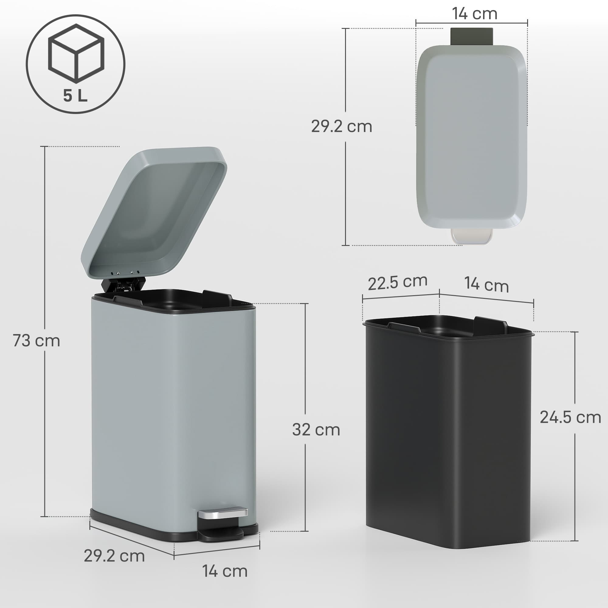 5L Steel Pedal Bin with Removable Inner Bucket — Grey - image 2