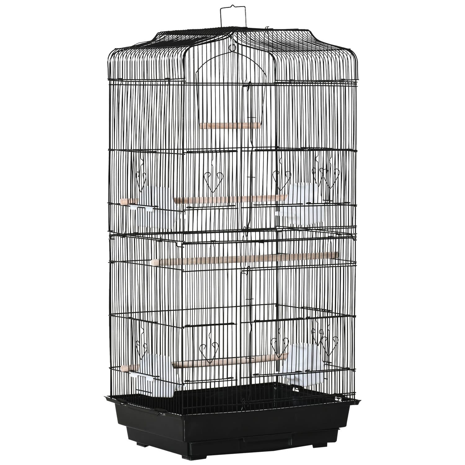 Tall Black Metal Bird Cage with Perches, Food Bowls and Swing - Black