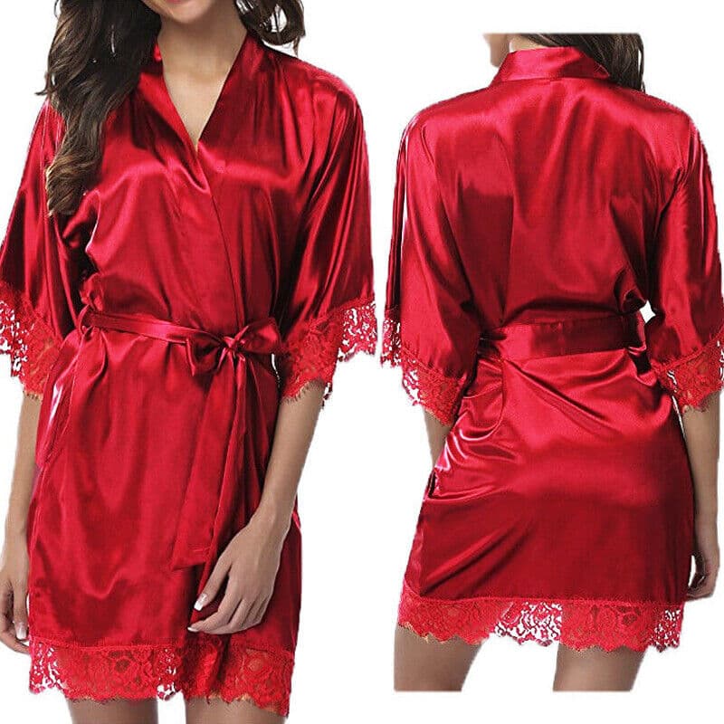 Satin Kimono Robe with Lace Cuffs in Deep Red - Default