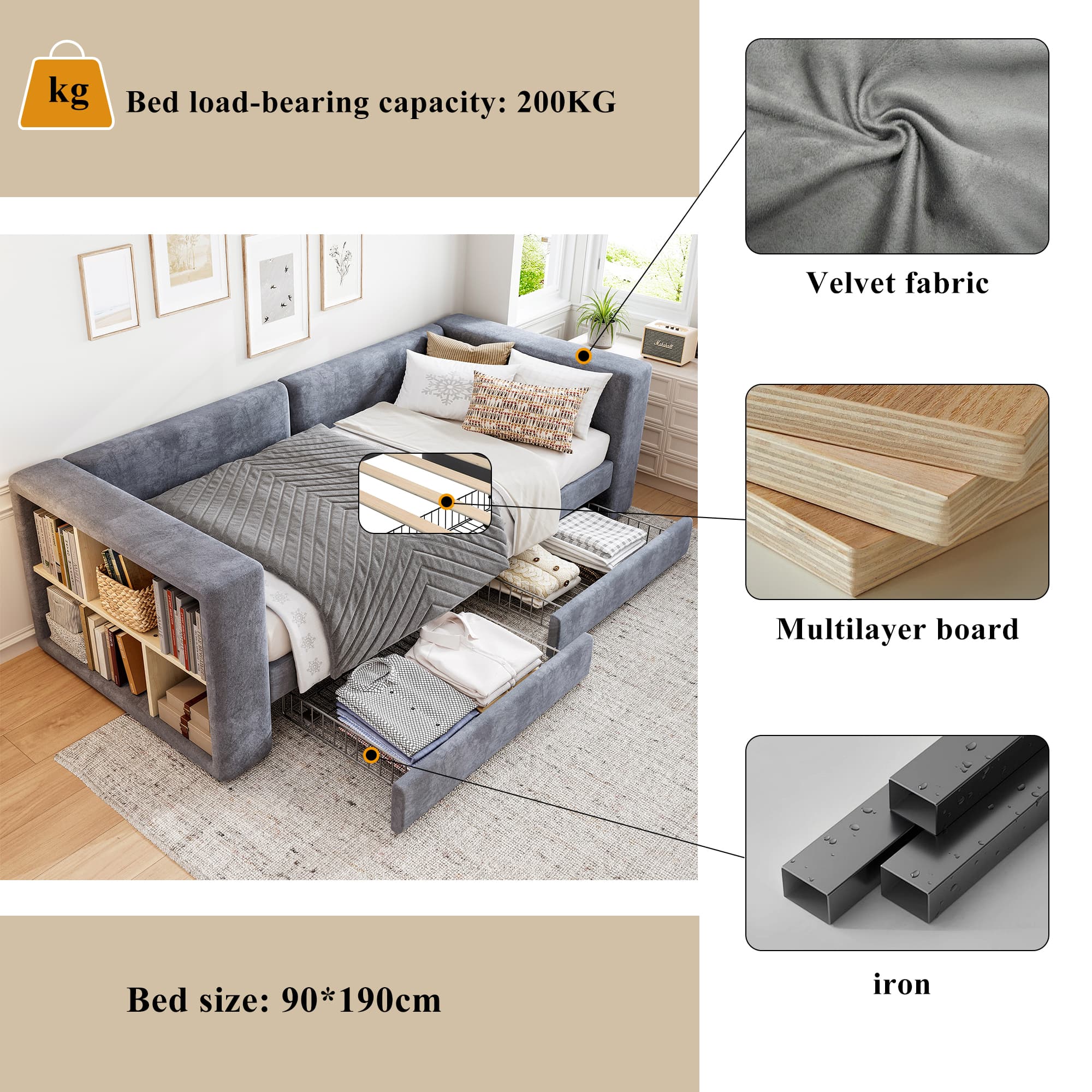 Stylish Velvet Daybed & Storage - image 2