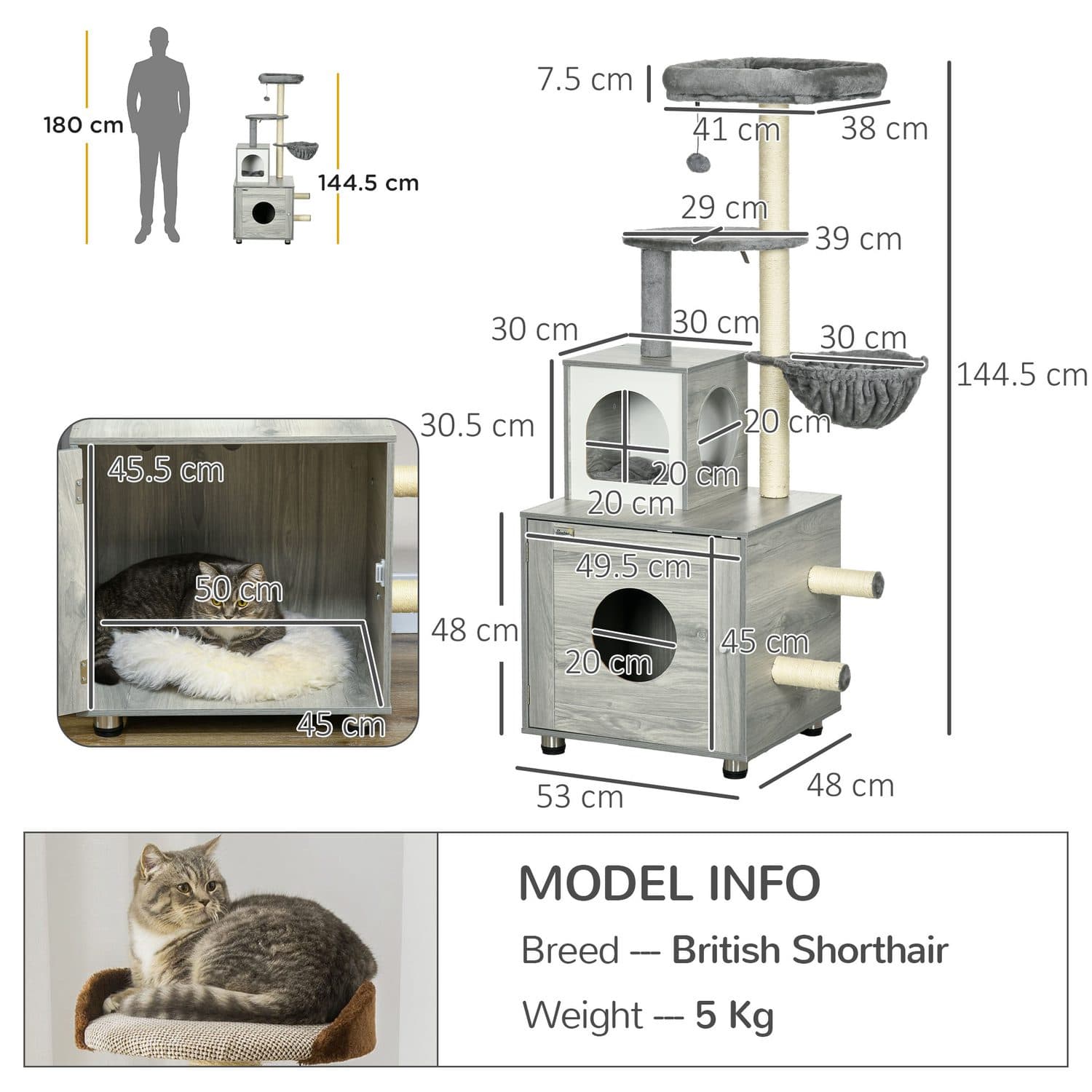 PawHut Cat Tree with Enclosed Litter Box, Grey - image 2