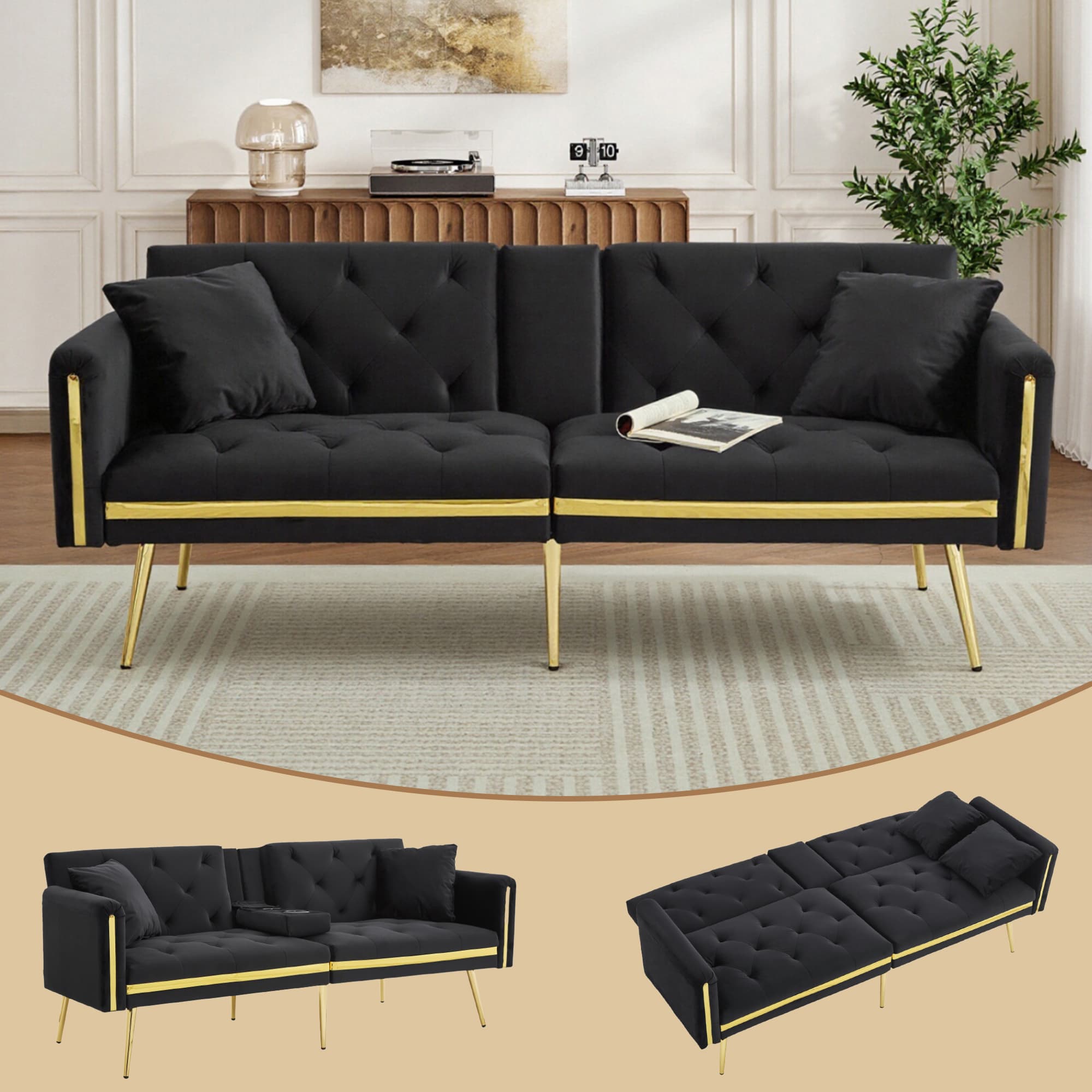 Luxurious Black Velvet 2-Seater Sofa Bed with Cup Holders