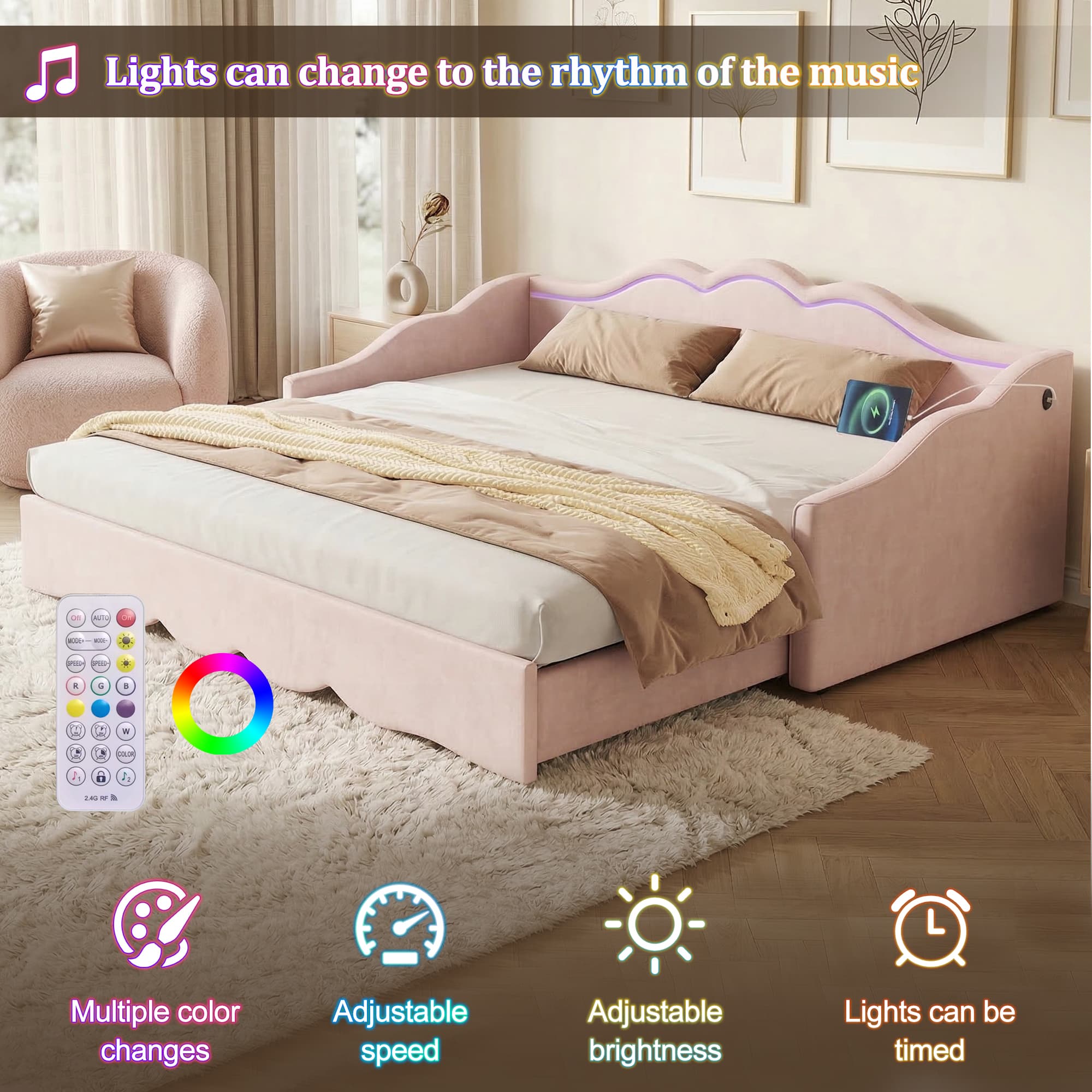 Extendable Pink Velvet Daybed - image 4