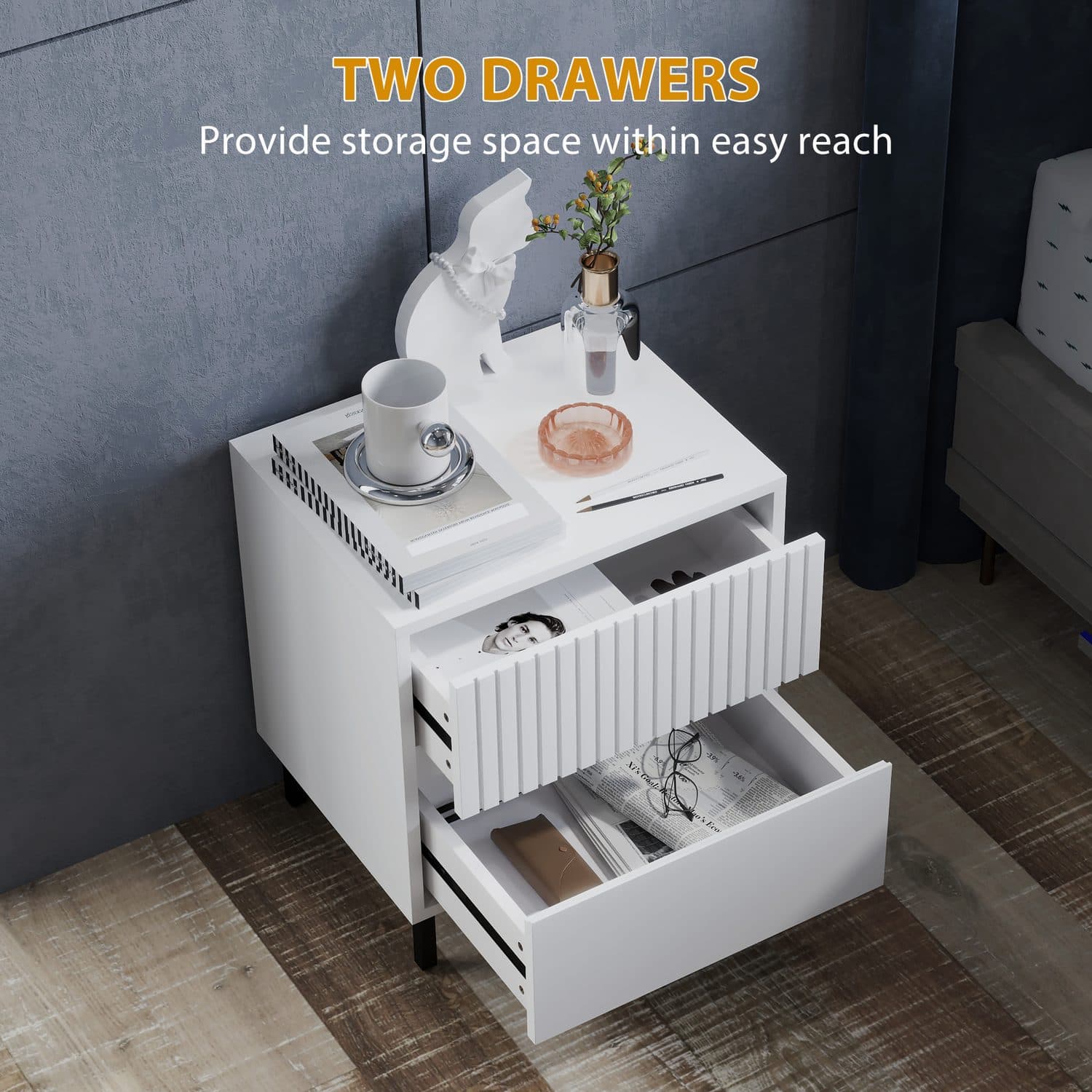 Modern White Two-Drawer Bedside Table with Steel Legs - image 5