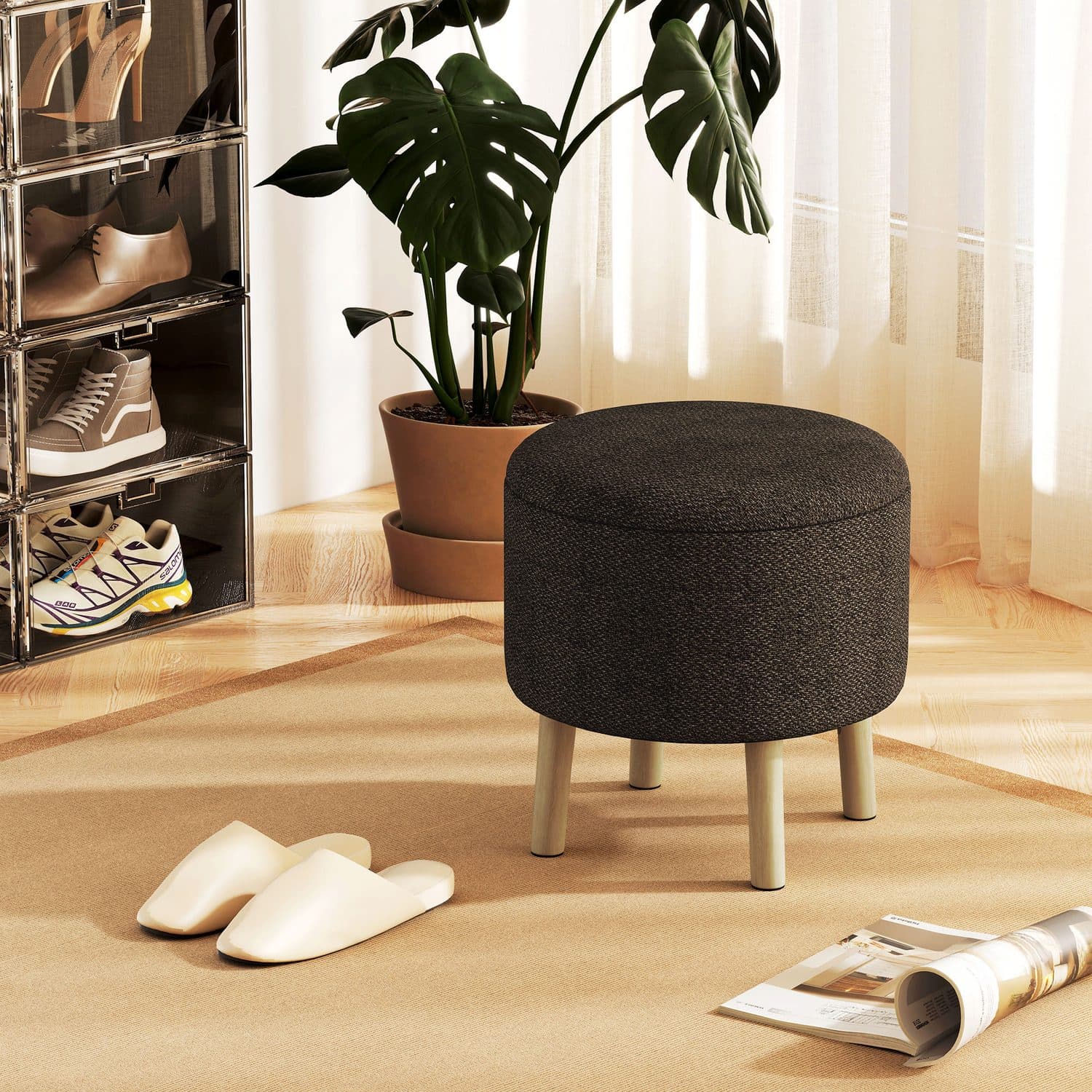 Round Storage Ottoman with Woven Fabric Seat and Natural Wood Legs - image 5