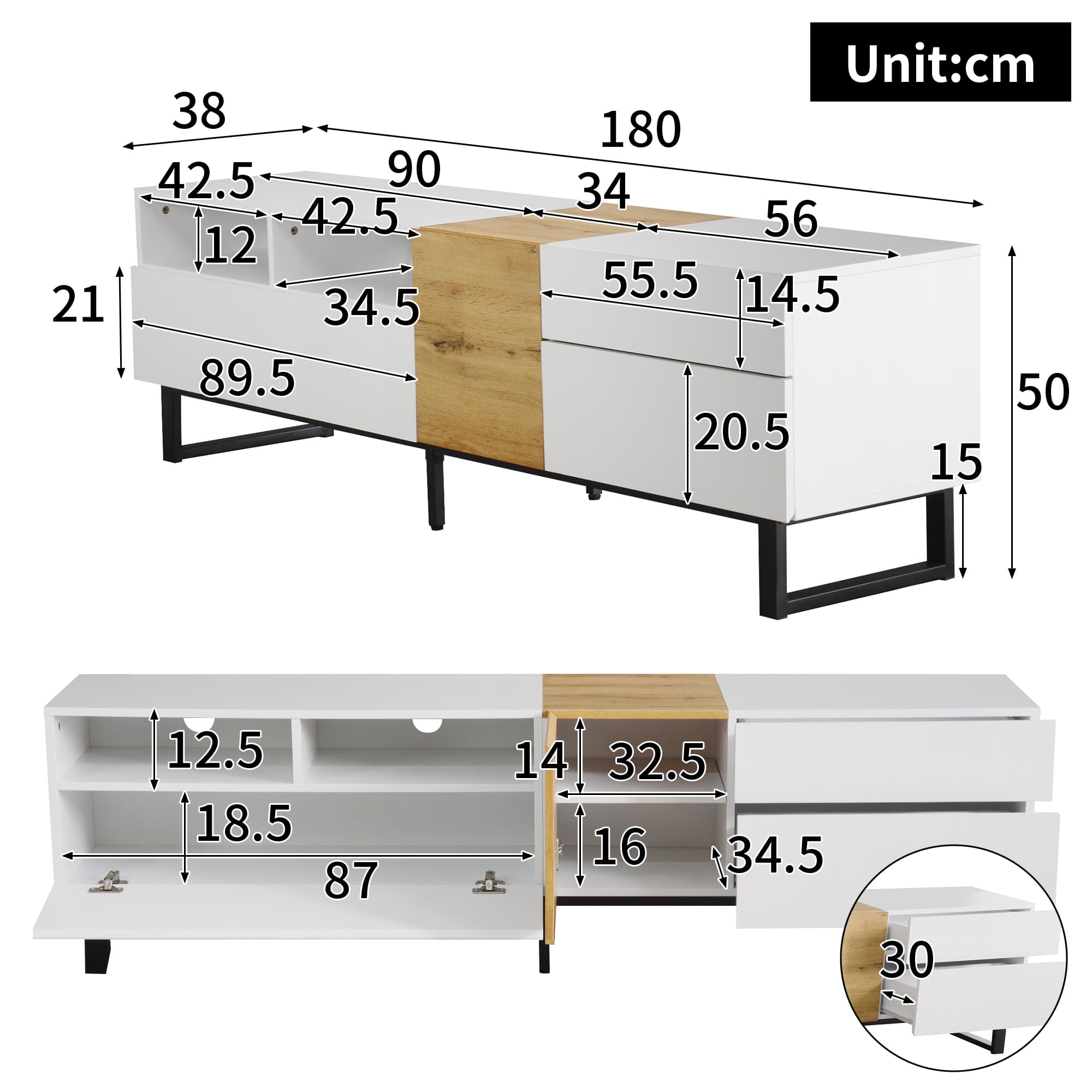 Modern TV Stand, White and Wood Effect Finish, 180cm - image 2