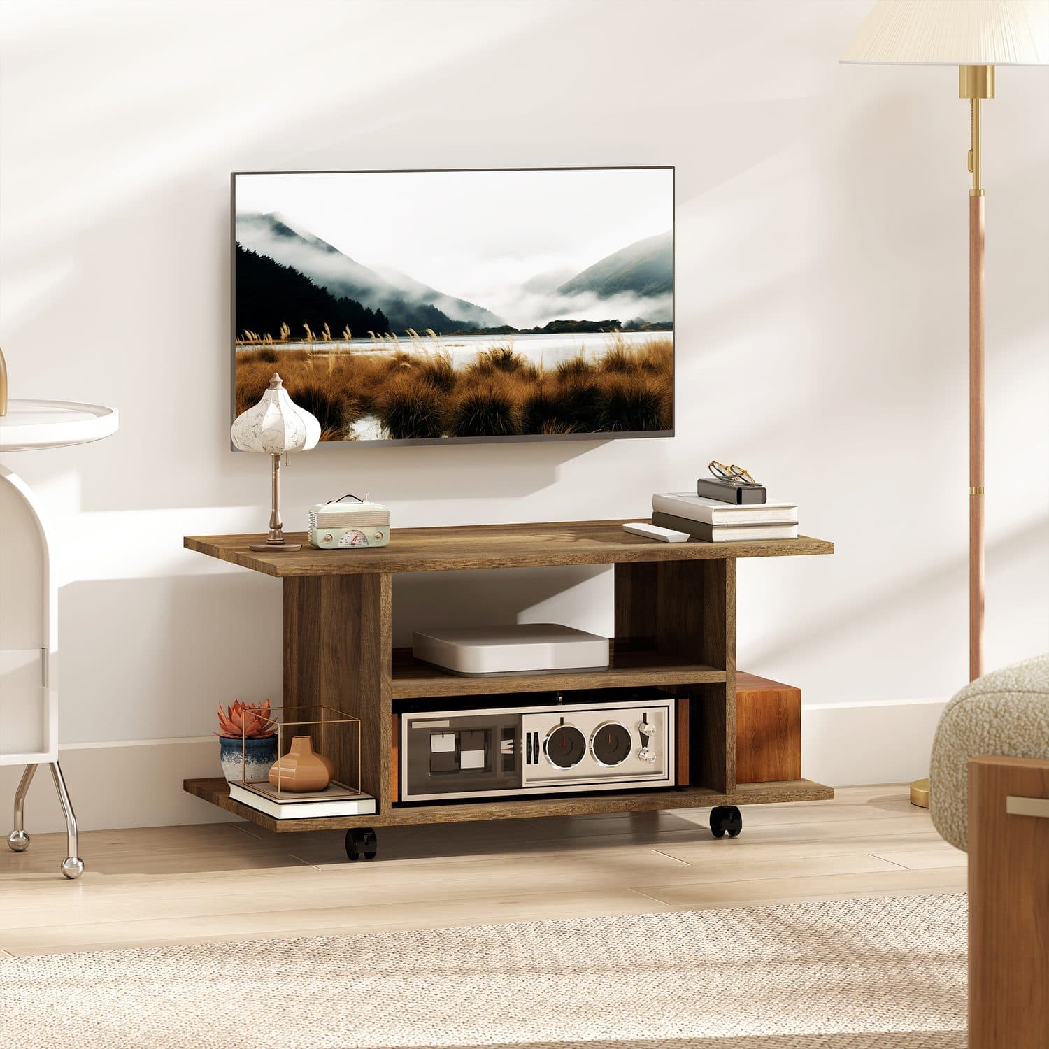 Walnut Mobile TV Stand with Open Shelves - image 1
