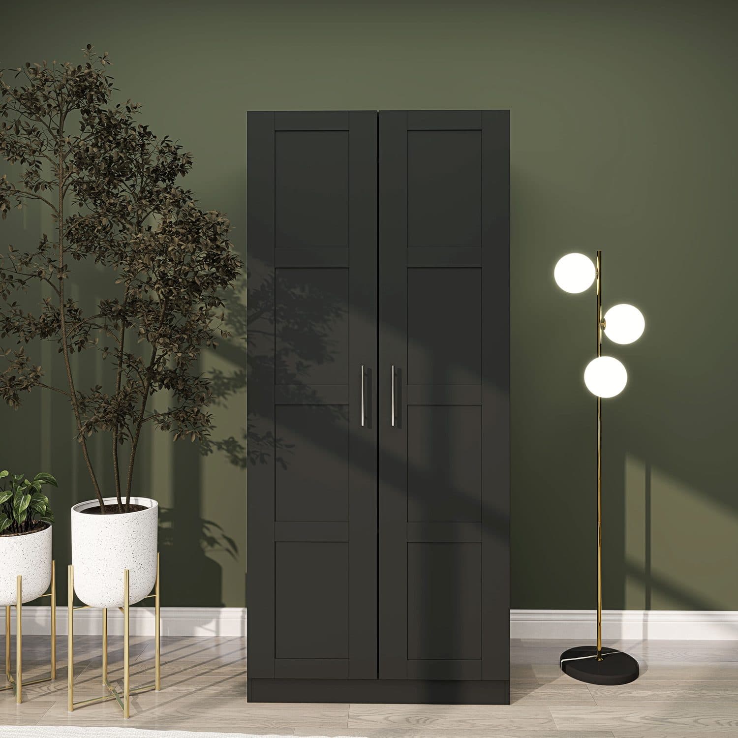 Black Two-Door Bedroom Wardrobe — 76cm Rail and Twin Shelves - image 3