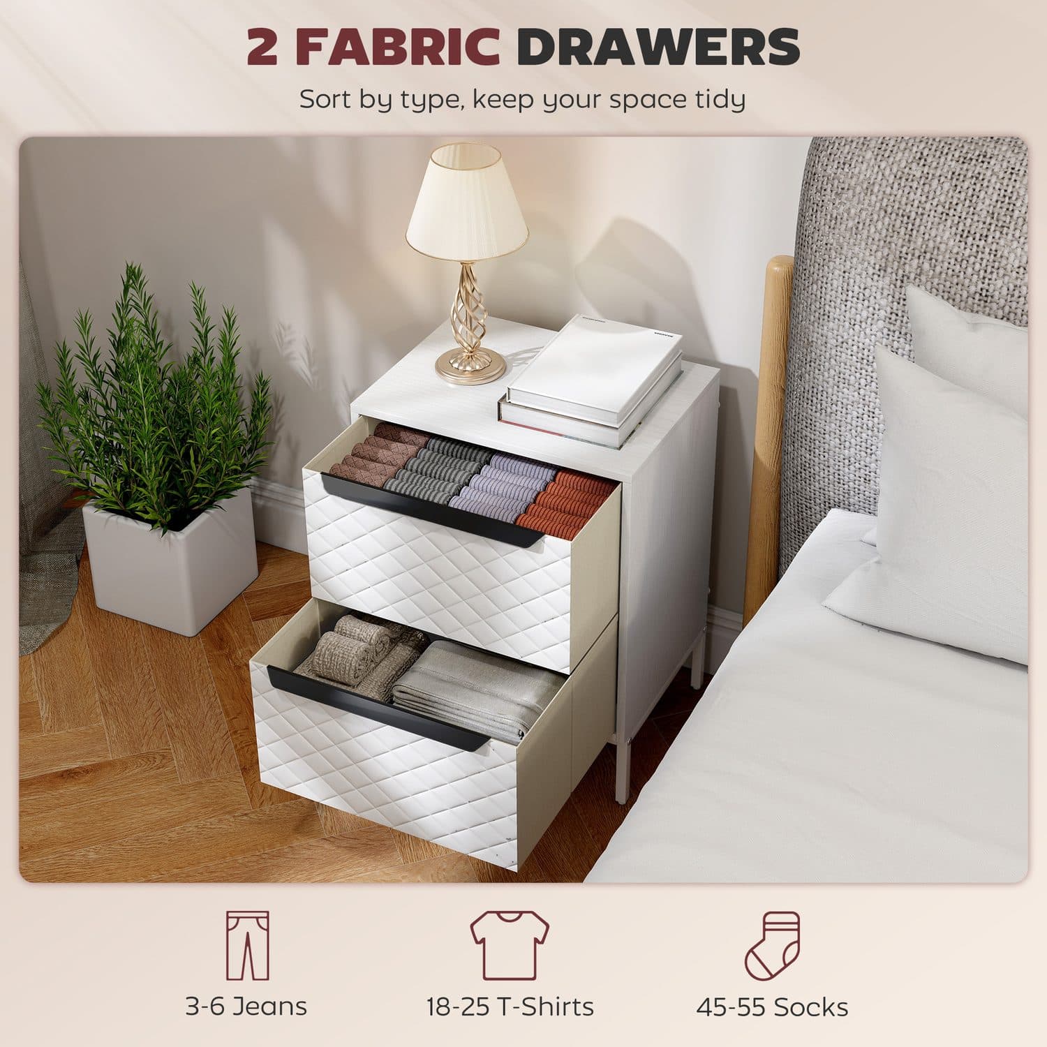 White Two-Drawer Fabric Dresser for Bedroom Storage - image 2