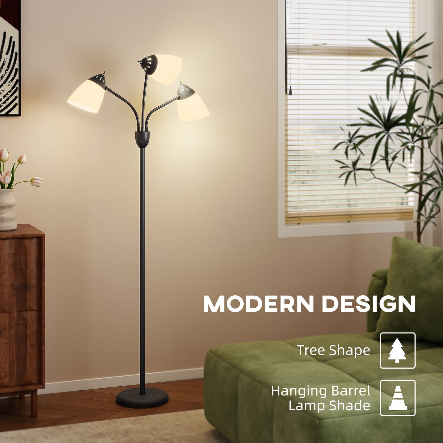Black Tree Floor Lamp with Three Adjustable White Shades - image 4