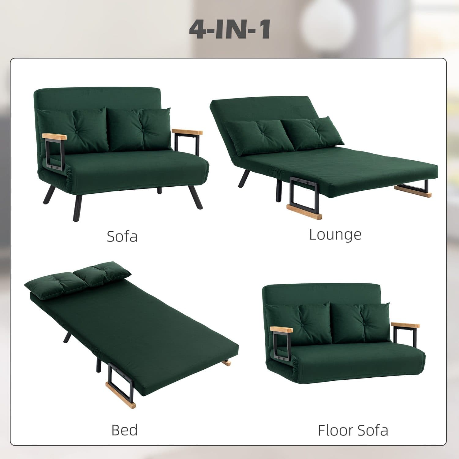 4-in-1 Green Velvet Double Sofa Bed - image 4