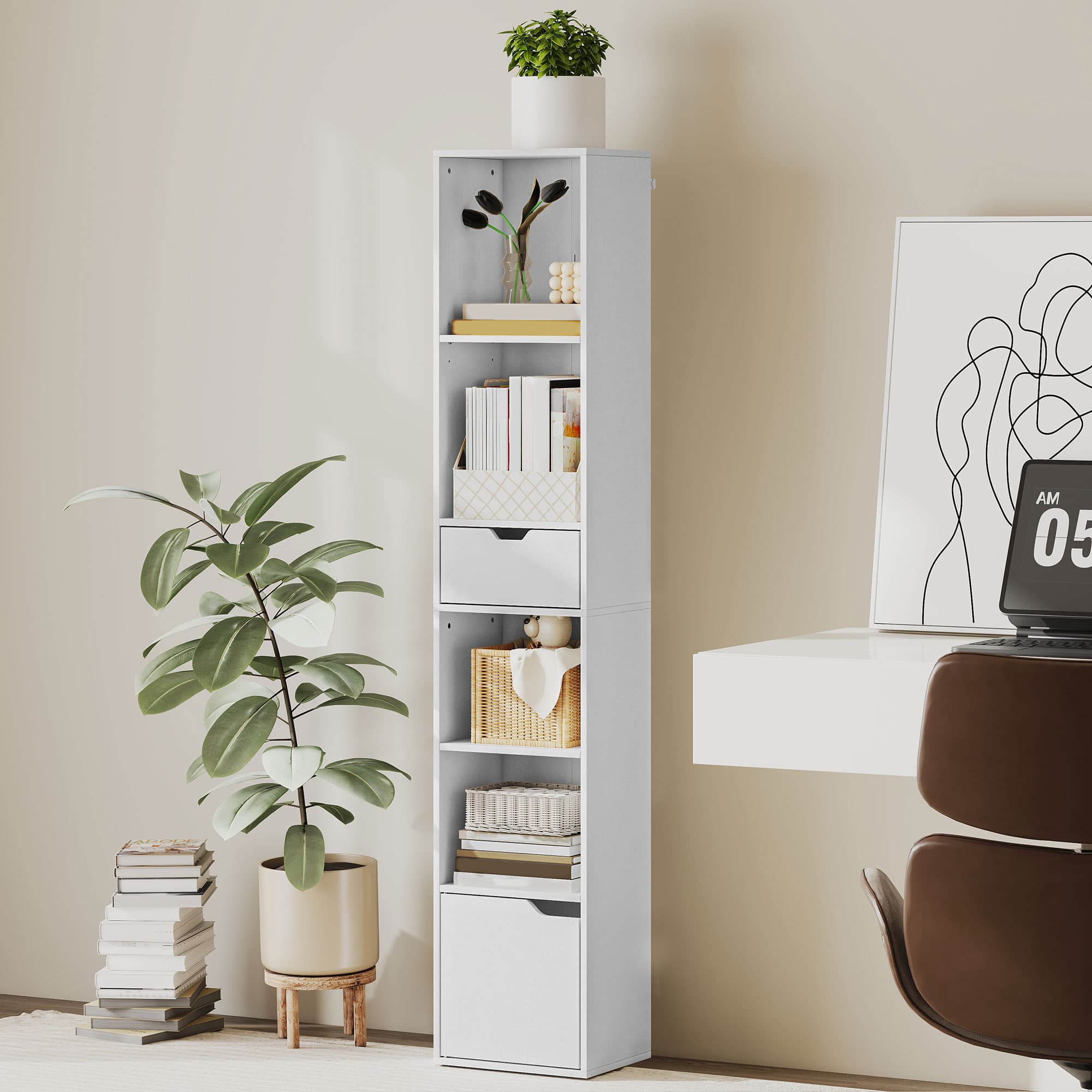 Slim White Bookcase with Shelves, Drawer and Cupboard - image 4