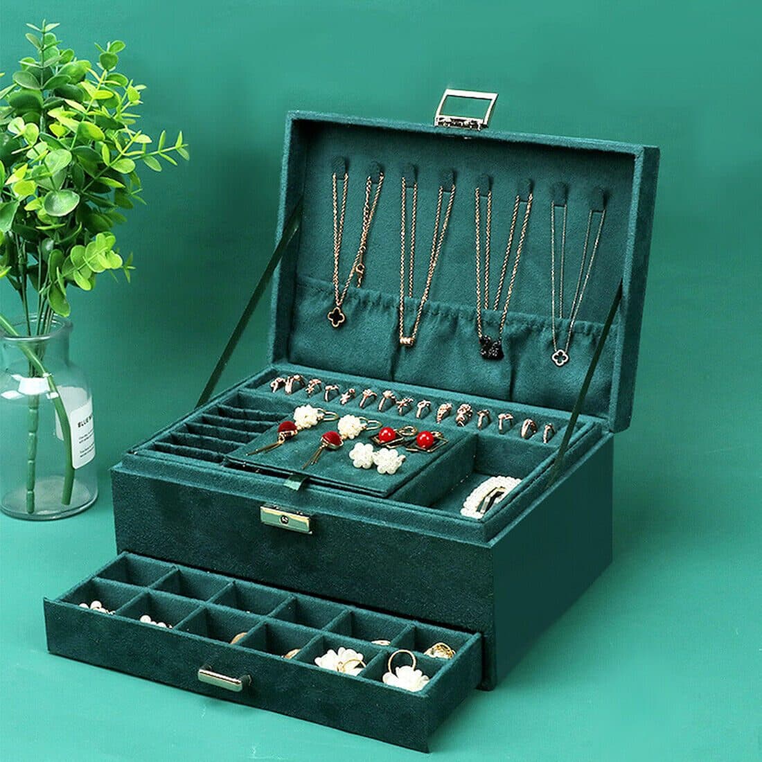 Large Green Velvet Jewellery Box With Necklace Hooks - image 3