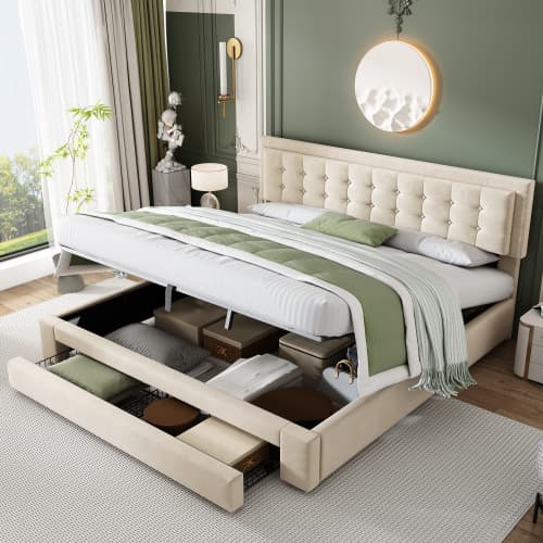 Upholstered King Size Bed with LED Lights and USB Charging Port (5ft)