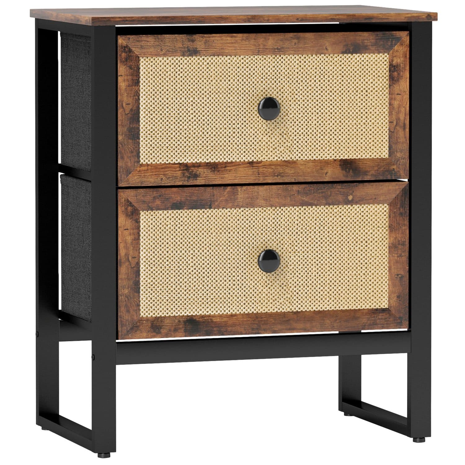 Industrial bedside storage with a natural woven finish - Rustic Brown