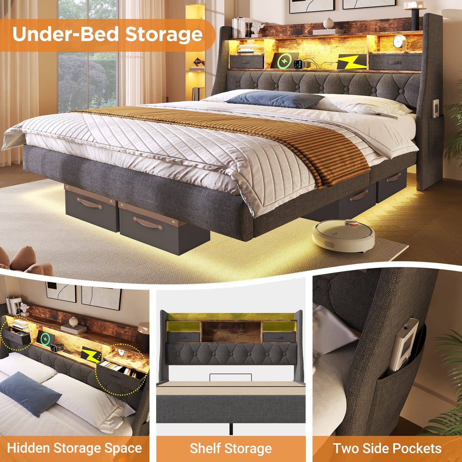 Grey Linen Double Floating Bed with LED & Device Charging - image 2