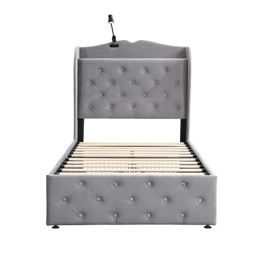 Grey Velvet Single Bed with Smart Storage & USB Charging - image 6