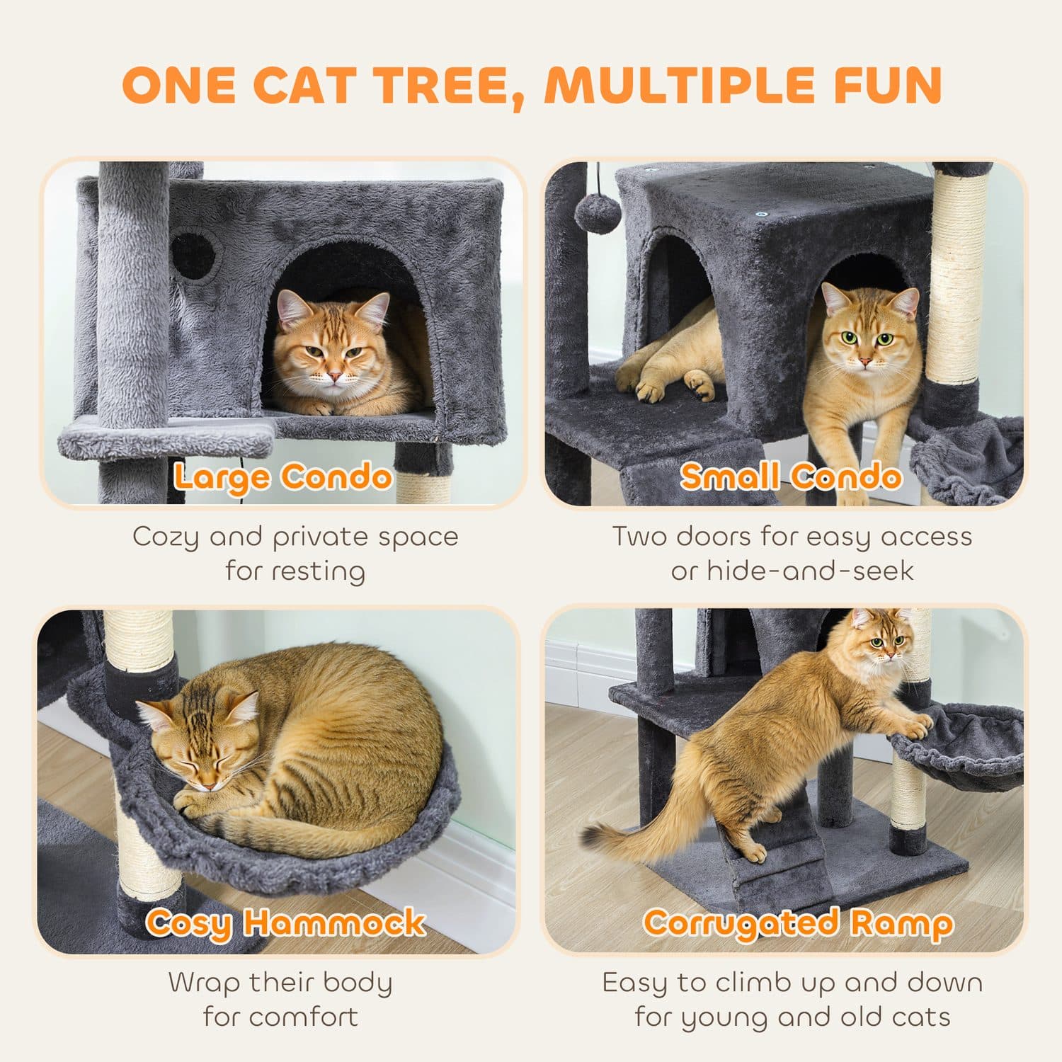 Cat tree with two condos, hammock and sisal posts, dark grey - image 5