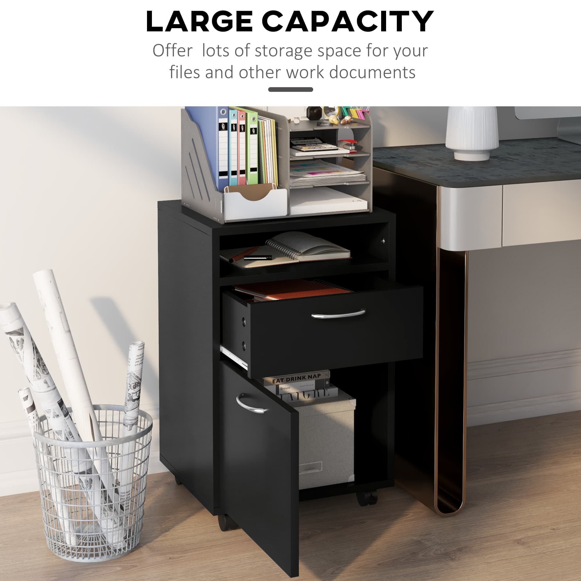Black Mobile Office Cabinet with Drawers and Open Shelf - image 5