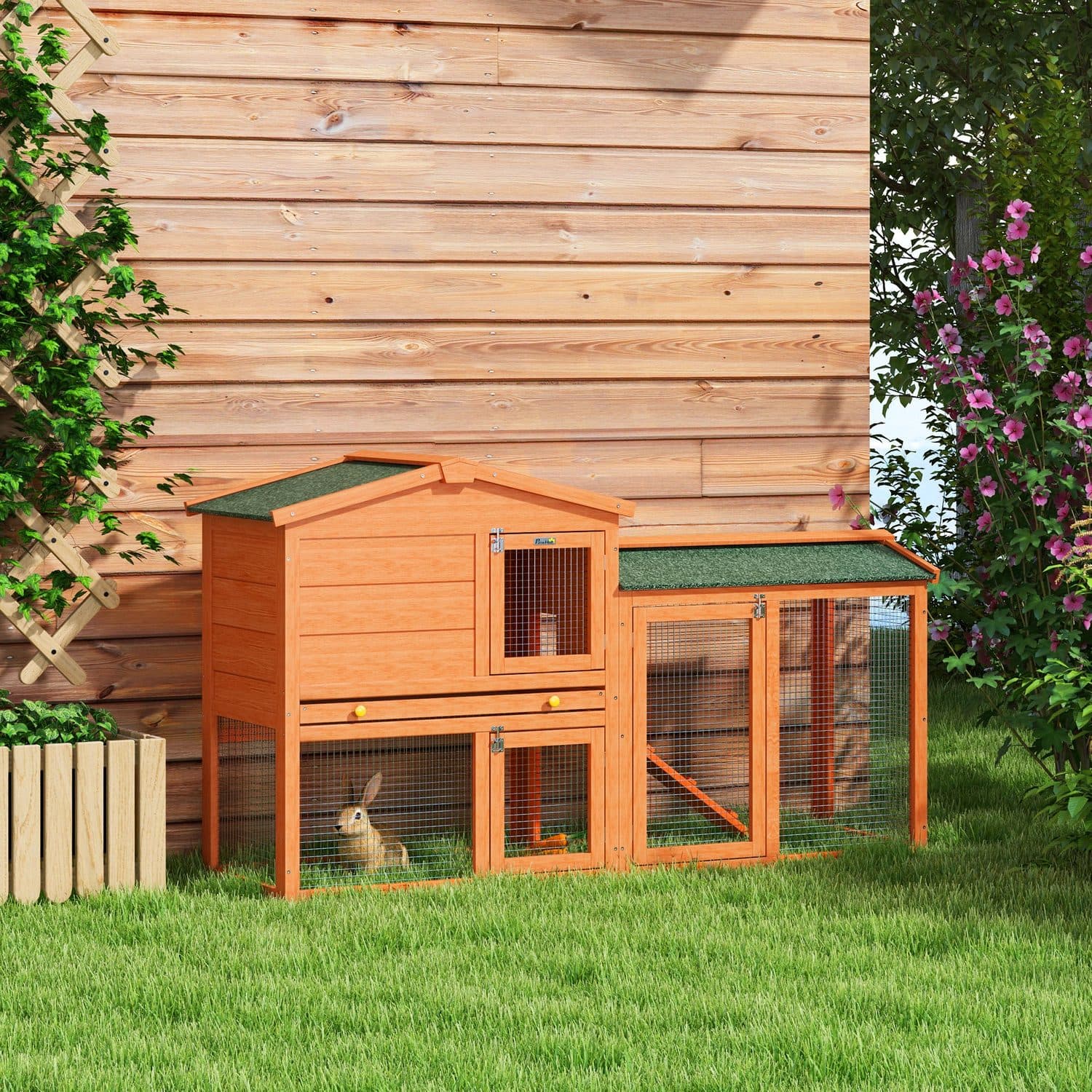PawHut Two-Tier Rabbit Hutch with Run, Orange - image 2