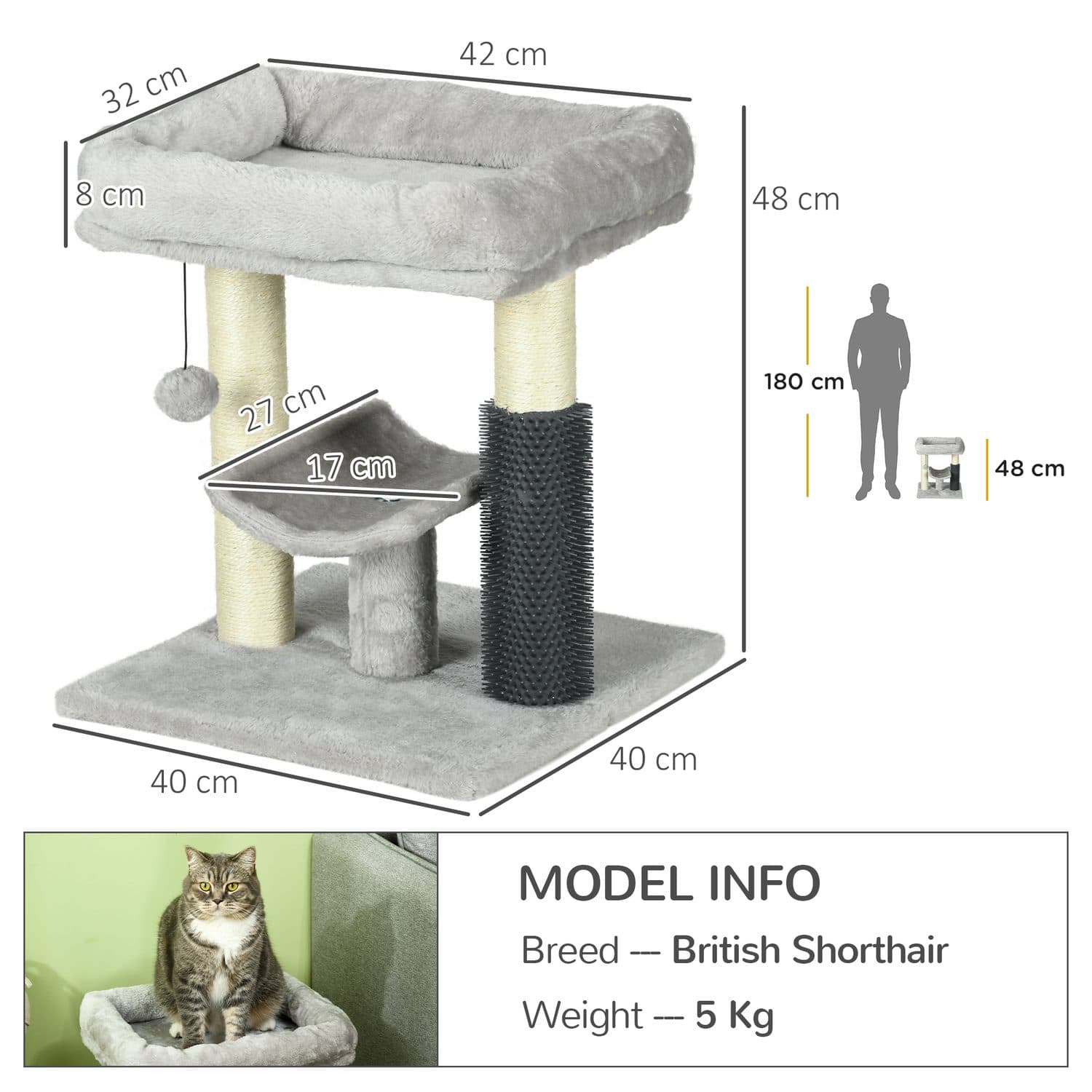 48cm Cat Tree with Bed, Perch and Self Groomer - image 1
