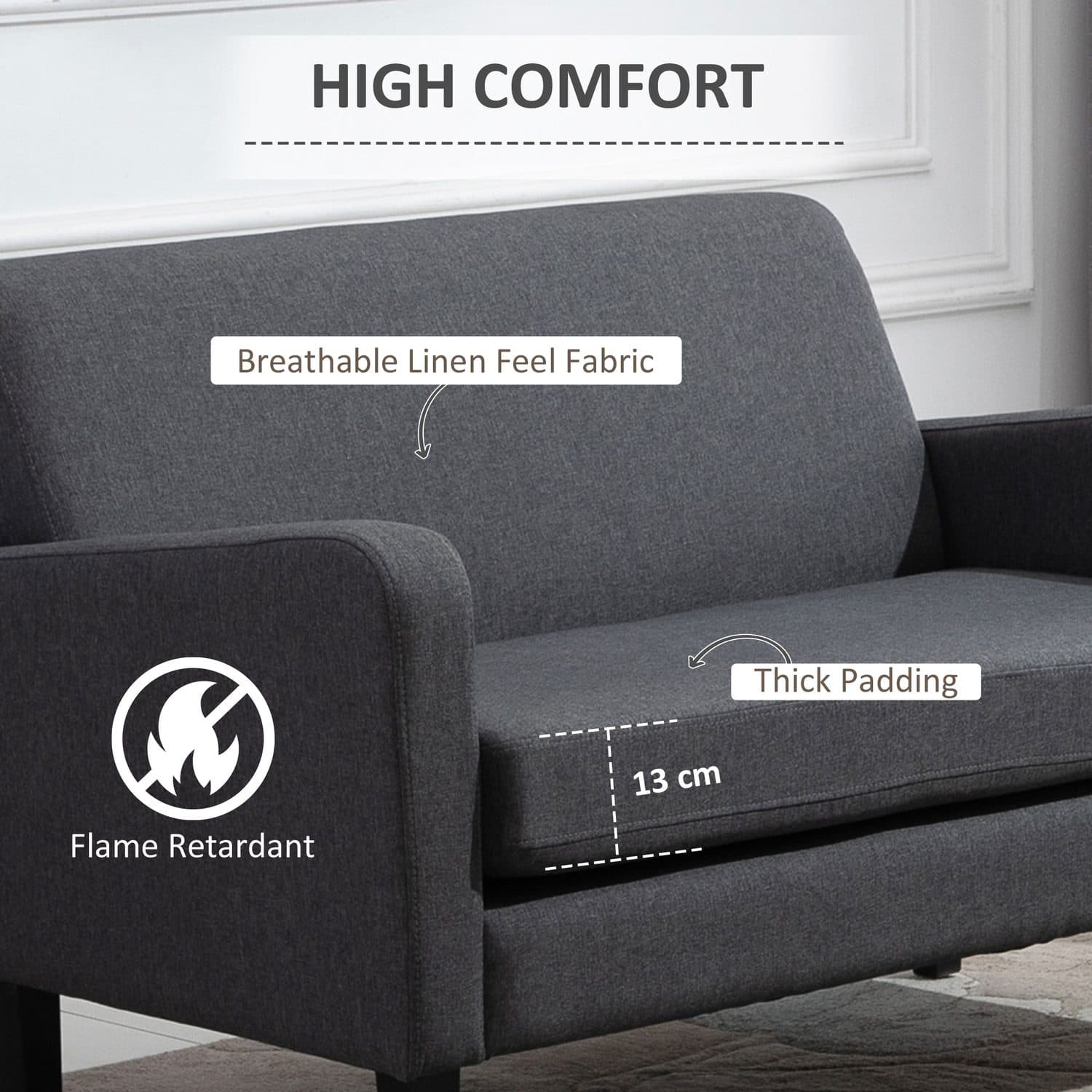 Compact Dark Grey Two-Seater Sofa with Wooden Legs - image 3