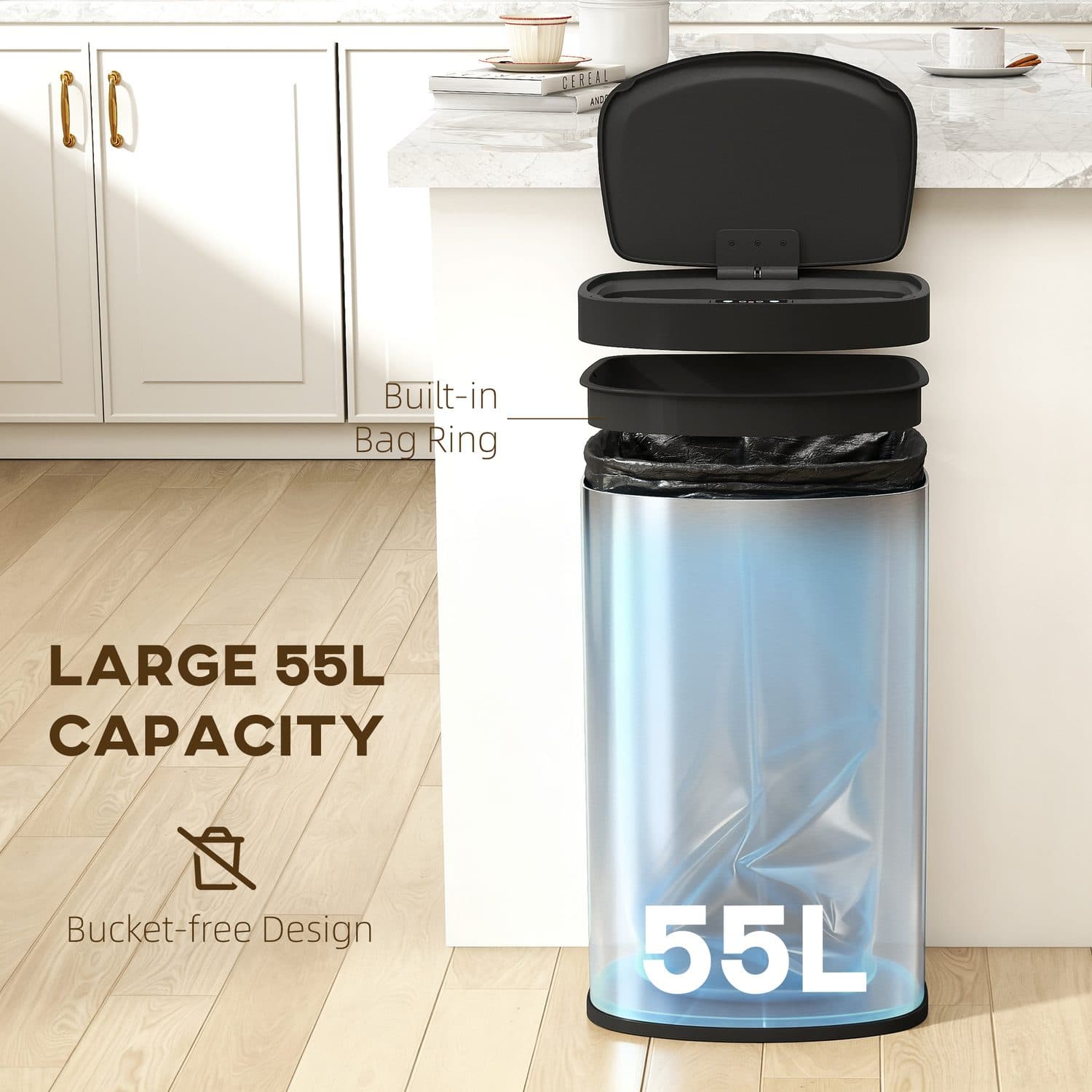 Hands-Free 55L Kitchen Bin — Wave to Open, Closes Silently - image 3