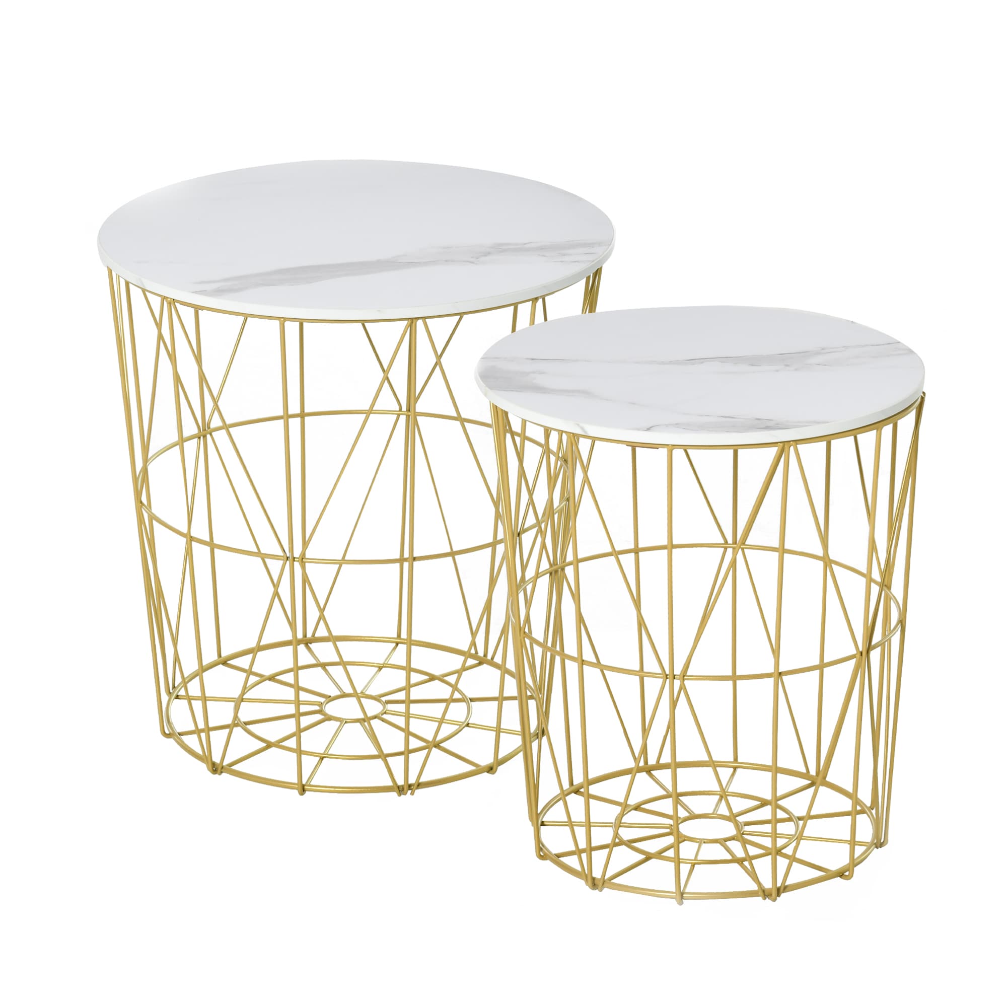 Round Nesting Tables With Marble-Effect Removable Tops and Gold Wire Bases - White