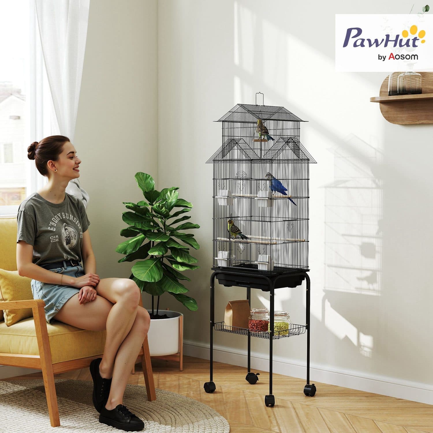 PawHut Metal Bird Cage with Swing and Rolling Stand - image 5