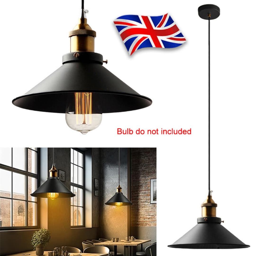 Vintage Industrial Pendant Light with Black Metal Dome - Default