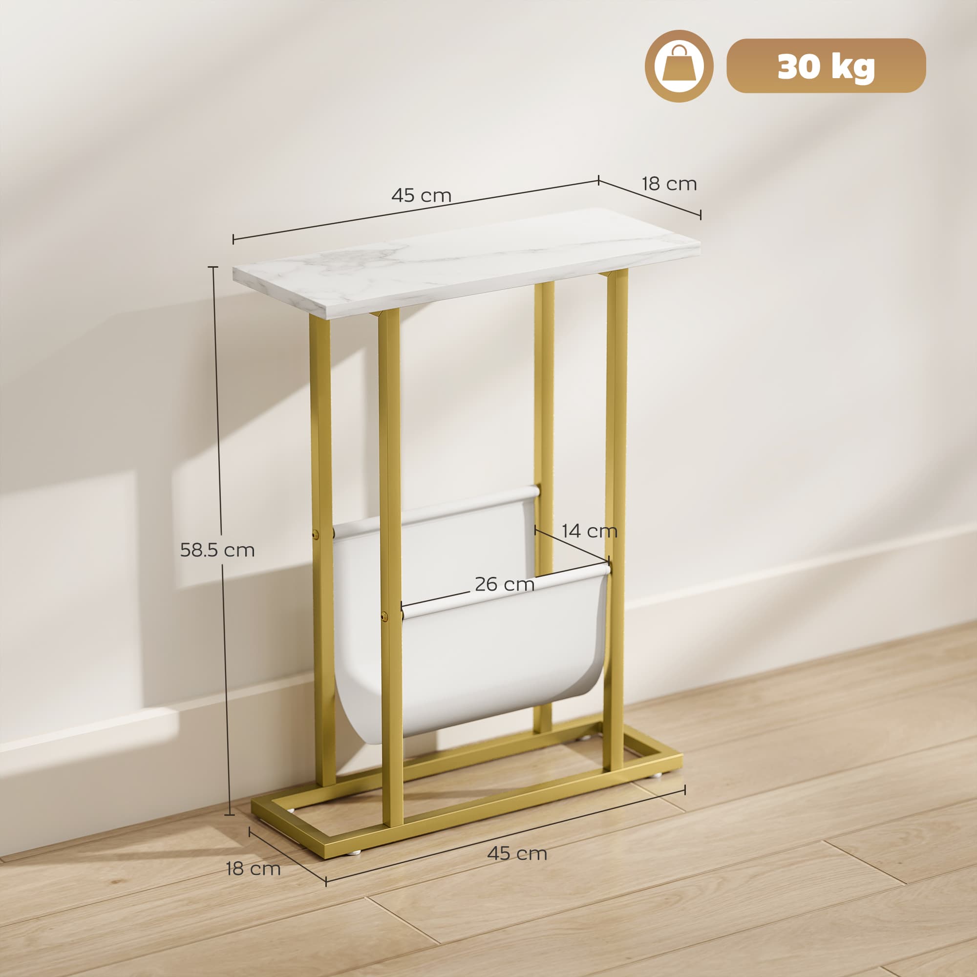 Slim Side Table with Marble Top, Gold Frame and Magazine Holder - image 4